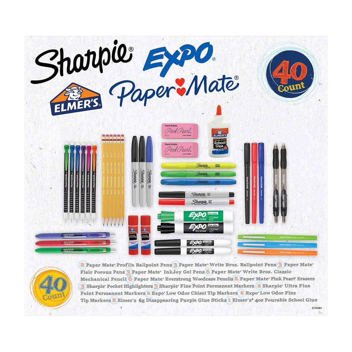 Back to School Supplies Variety Pack - 40 Count | Sharpie Permanent Markers, Expo Dry Erase Markers, Paper Mate Pens, Elmer's Glue | Includes Mechanical Pencils, Woodcase Pencils, Ballpoint & Gel Pens, Glue Sticks | Perfect for Classroom, Office & Home Study Essentials