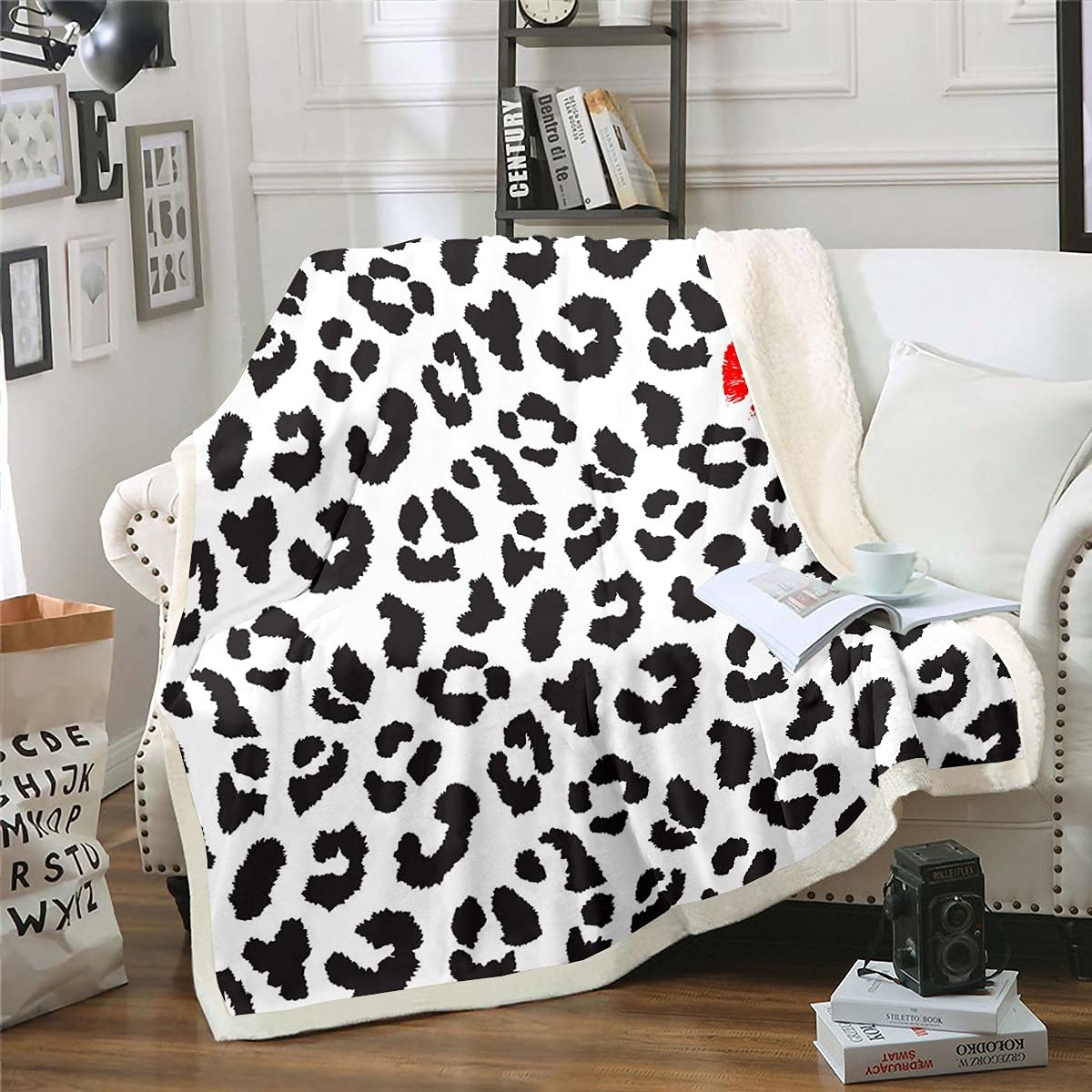 Erosebridal Leopard Print Sherpa Blanket - Red Lips Pattern Flannel Throw for Kids, Girls & Women - Soft Plush Cheetah/Safari Animal Print Blanket - Black & White Cow Print - Queen Size 90