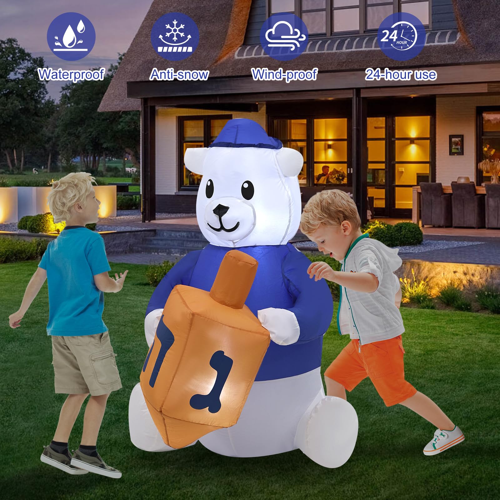4ft Hanukkah Inflatable Outdoor Decorations - LED Light-Up Hanukkah Bear for Indoor/Outdoor Patio, Garden & Yard - Holiday Party, Festival & Home Decoration