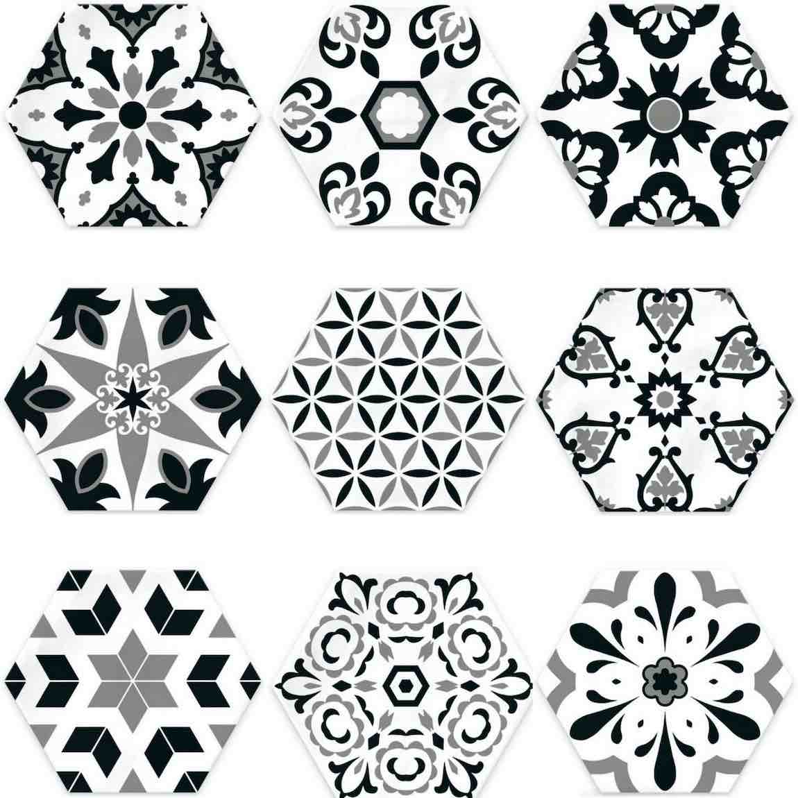 Black and White Hexagon Porcelain Tile 6x7 - Geometric Patterned Bathroom & Kitchen Backsplash Tile for Modern Home Decor