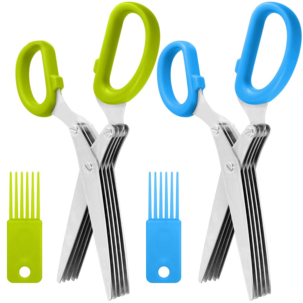 2-Pack Stainless Steel Herb Scissors - 5-Blade Kitchen Shears with Brush | Heavy Duty for Cooking & Gardening