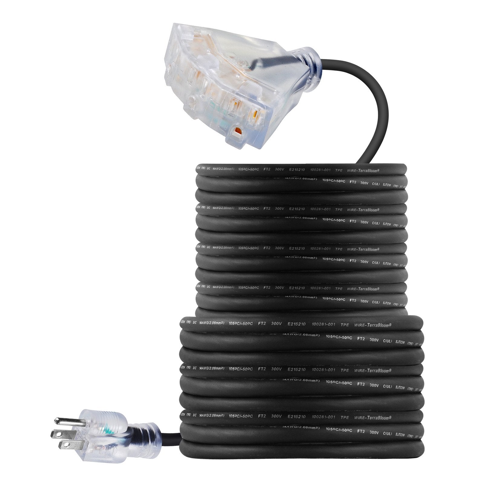 50 FT Outdoor Extension Cord - Heavy Duty 14/3 SJEOW Rubber Wire with Triple Outlet, Grounded & Lighted End, UL Listed for Cold Weather - Perfect for Holiday Lights, Garden Power Tools and Outdoor Decorations