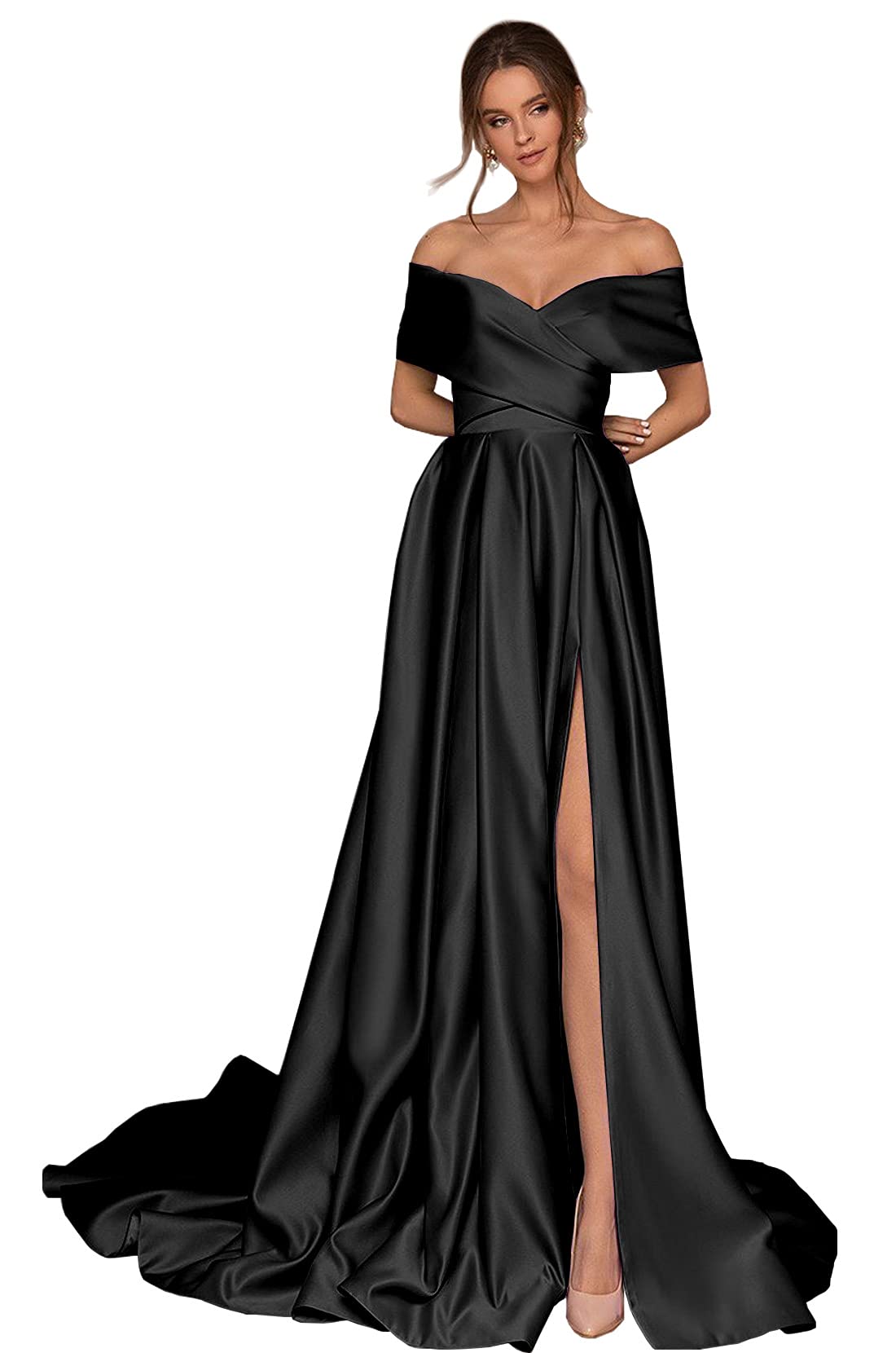 BONOYUER Women's Off Shoulder Satin Prom Dress Long High Slit A-Line Formal Evening Gown with Pockets for Homecoming, Wedding Guest & Cocktail Party