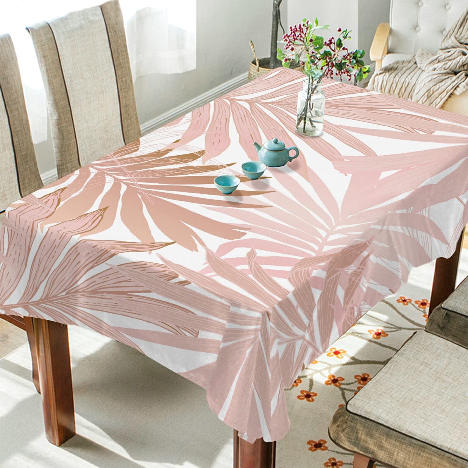 Abstract Tropical Summer Party Tablecloth - Pink Rose & Palm Leaf Design Polyester Table Cover 54x72 Inch for Dining Table Decor | Perfect for Beach Weddings, Luau Parties & Summer Dinners