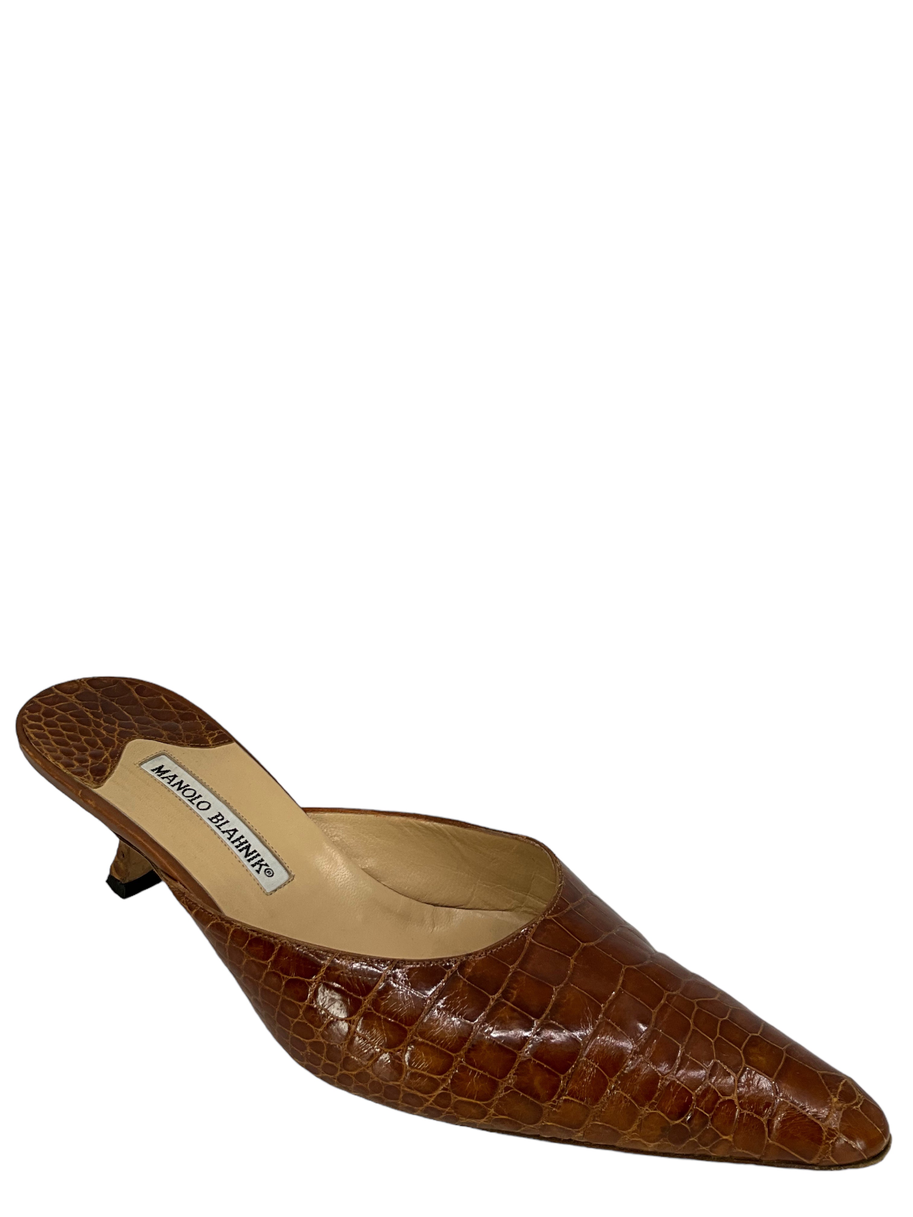 Manolo Blahnik Brown Alligator Leather Mules - Women's Size 11 US (EU 42) - Luxury Designer Slip-On Shoes for Women | Perfect for Office, Cocktail Parties & Special Occasions