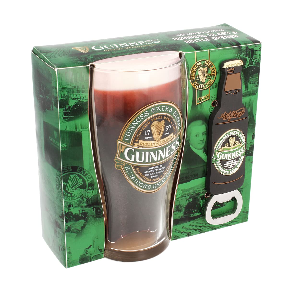 Guinness Shamrock Gift Set - Ireland Themed Pint Glass and PVC Bottle Opener - Perfect for St. Patrick's Day, Irish Pubs, and Beer Lovers