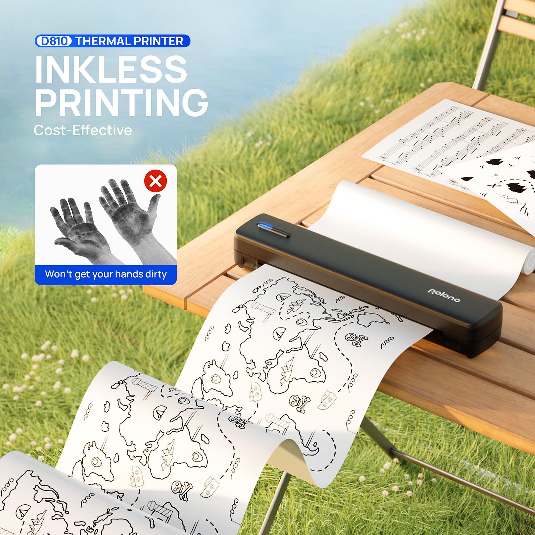 POLONO D810 Wireless Bluetooth Thermal Printer - Portable Inkless Printer for Travel, Office, Home & Car, Compatible with iOS, Android & Laptop, Prints 8.5