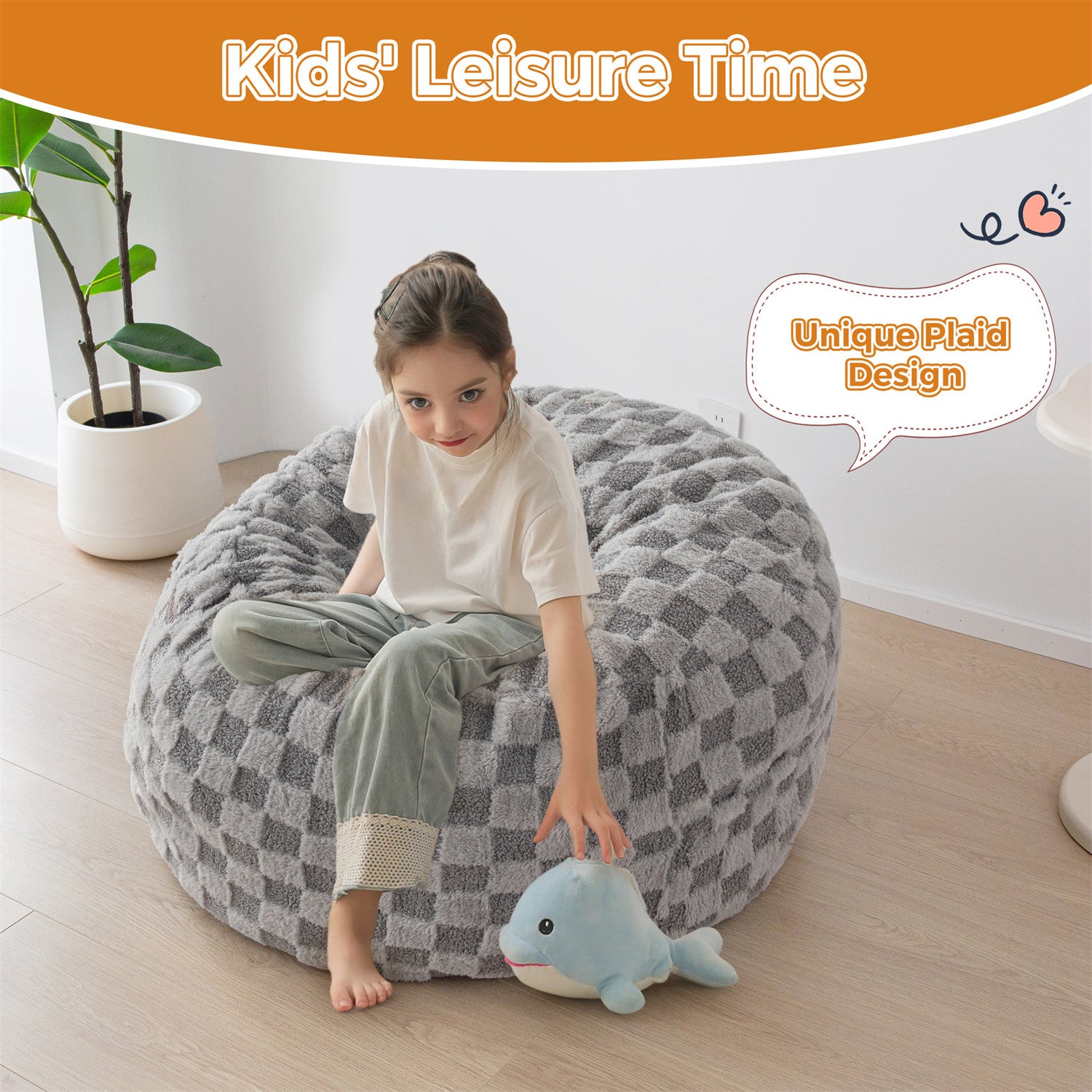MAXYOYO Kids Bean Bag Chair Convertible to Bed - Soft Jacquard Shaggy Plush Removable Cover, Grey Plaid Design for Boys & Girls - Perfect for Playroom, Bedroom, Dorm or Lounge Area