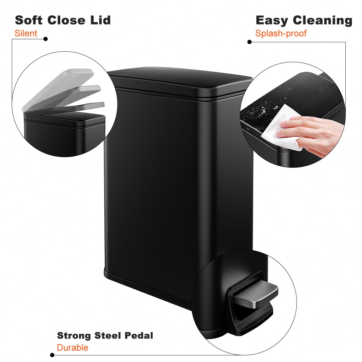 Stainless Steel Slim Bathroom Trash Can 1.6 Gallon with Soft Close Lid & Removable Inner Bucket - Durable Step Pedal Garbage Bin for Toilet, Bedroom, Kitchen, Office - Perfect for Small Spaces & Odor Control