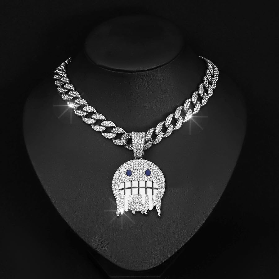 Hip Hop Cuban Chain Necklace for Men - Smiling Face Rhinestone Pendant, Silver & Gold Mens Fashion Jewelry - Perfect for Streetwear, Parties & Gifts