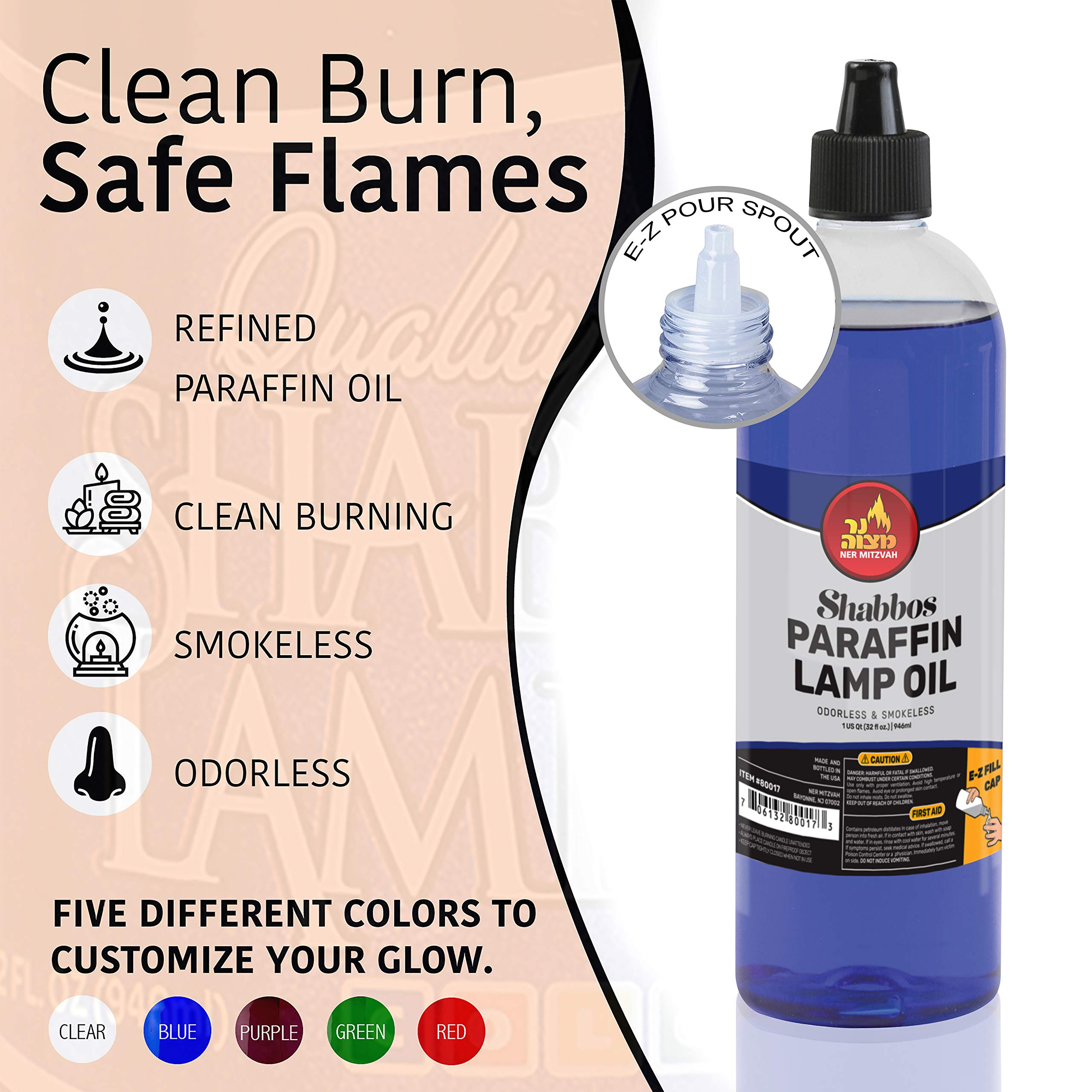Ner Mitzvah Premium Paraffin Lamp Oil - 32oz Smokeless, Odorless, Clean Burning Fuel for Indoor & Outdoor Use - Easy Fill Cap & Pouring Spout - Perfect for Shabbat Candles, Emergency Lighting & Decorative Lanterns