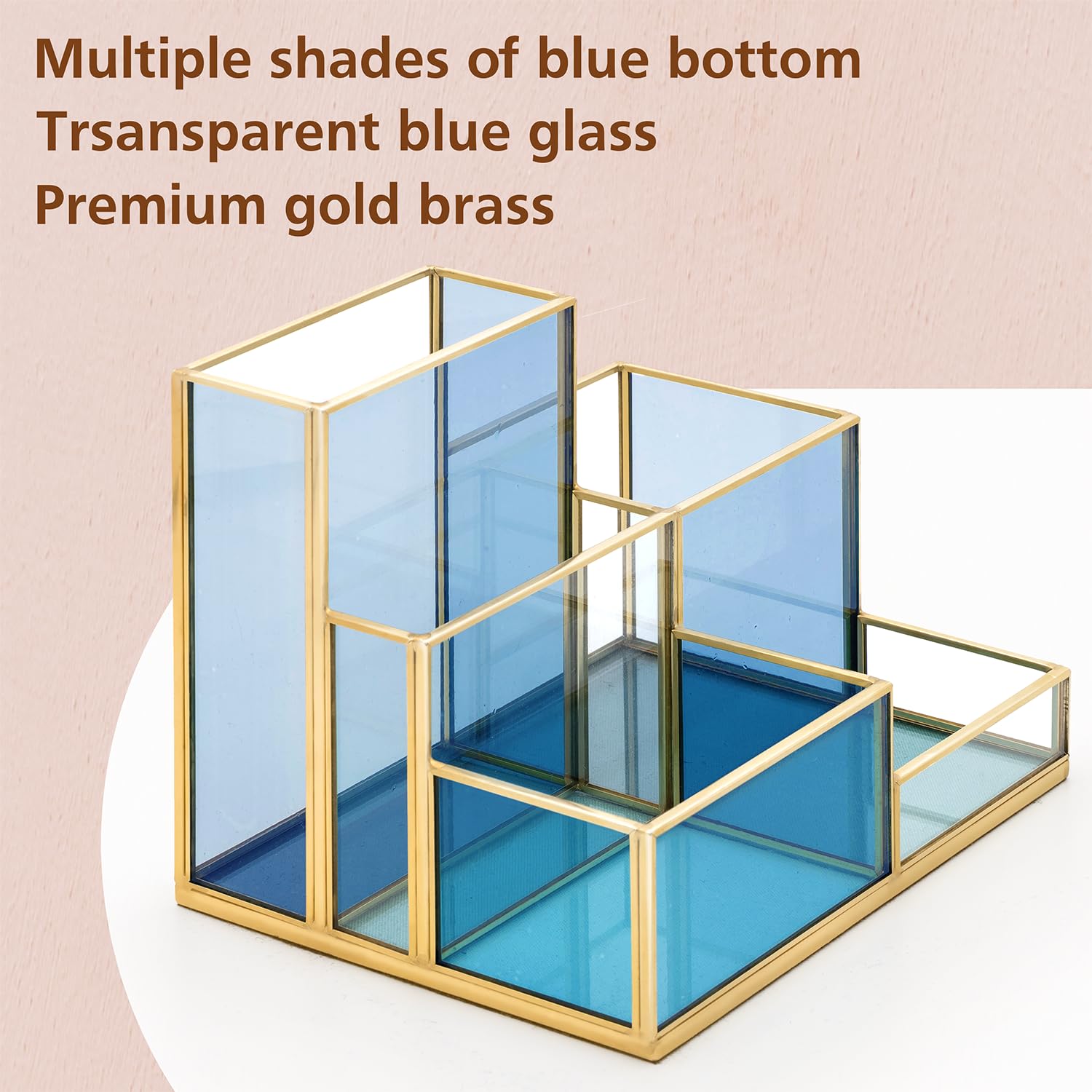 Elegant Gold & Blue Glass Desk Organizer - 5-Compartment Pen Holder, Makeup Brush & Skincare Storage, Stylish Office & Vanity Accessories for Women | Perfect for Home Office, Makeup Vanity & Desk Organization
