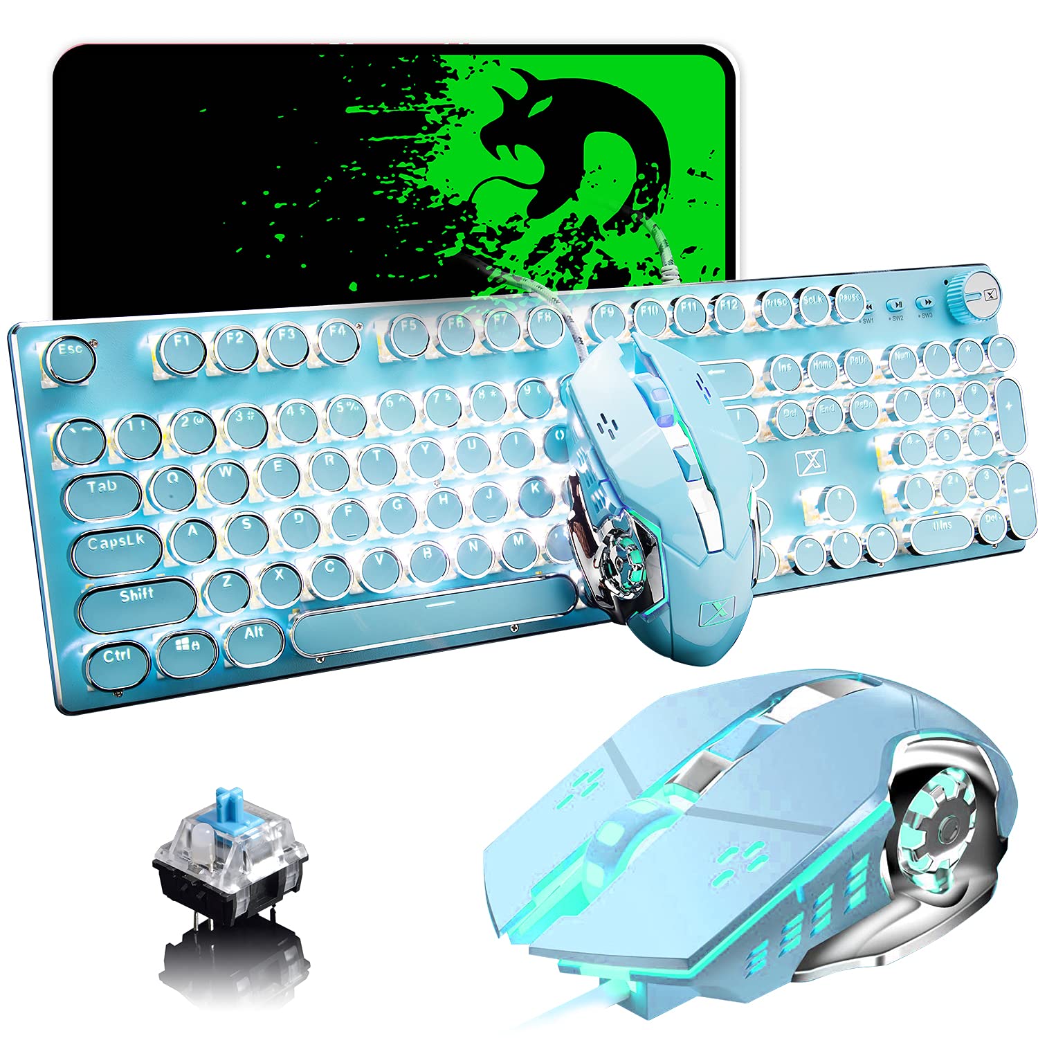 Retro Steampunk Mechanical Gaming Keyboard & Mouse Combo - Vintage Typewriter Style with White LED Backlit, 104-Key Anti-Ghosting Blue Switch, USB Wired Metal Panel & Round Keycaps (Blue) - Perfect for PC Gaming, Typing & Office Work