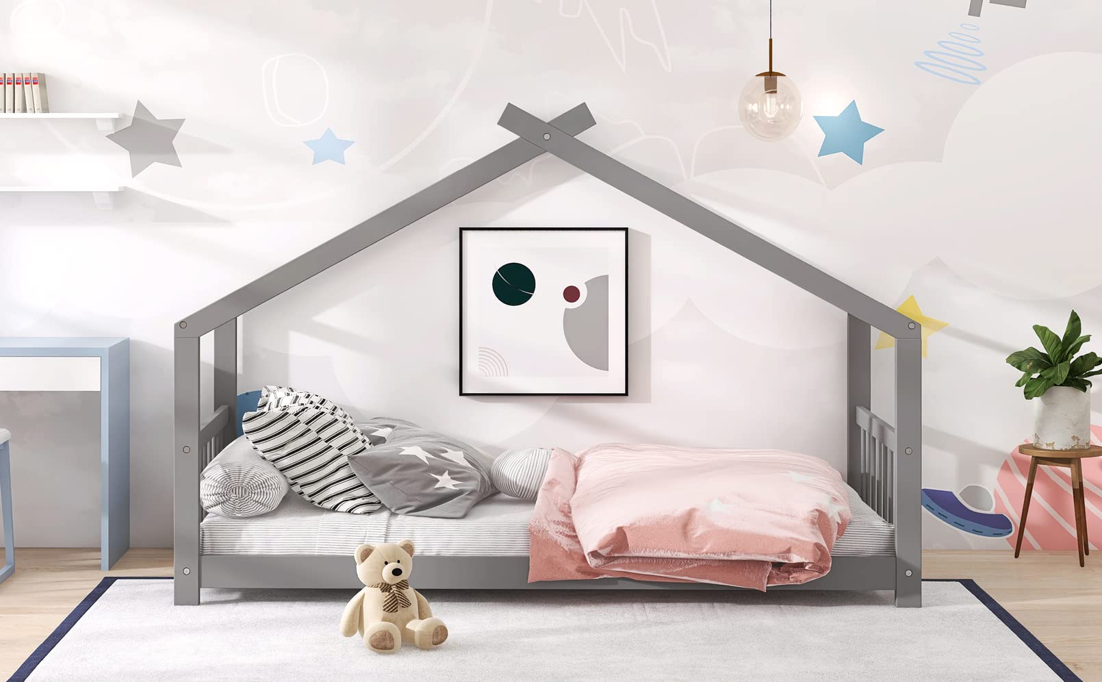 Modern Twin Size Wooden House Platform Bed Frame with Roof, Headboard & Footboard - Easy Assembly, Solid Wood Support for Kids Bedroom - No Box Spring Needed - Gray - Perfect for Boys & Girls Bedrooms, Playrooms & Cozy Sleep Spaces