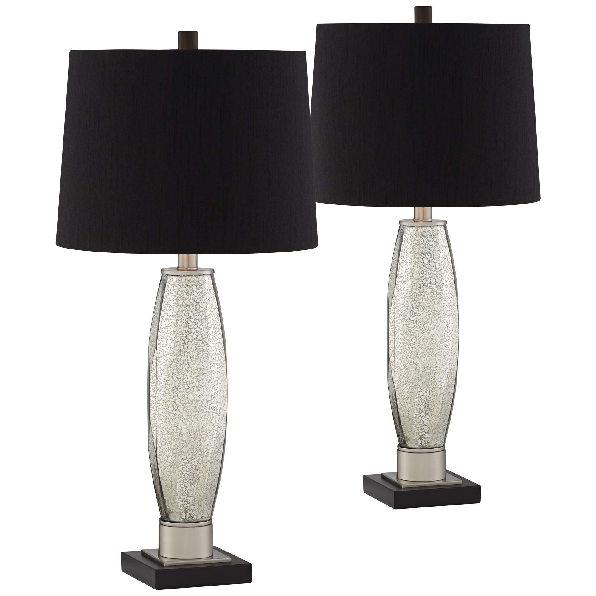 Regency Hill Landro Modern Luxury Table Lamps - Set of 2 Mercury Glass Silver Black Fabric Tapered Drum Shade, 27.5