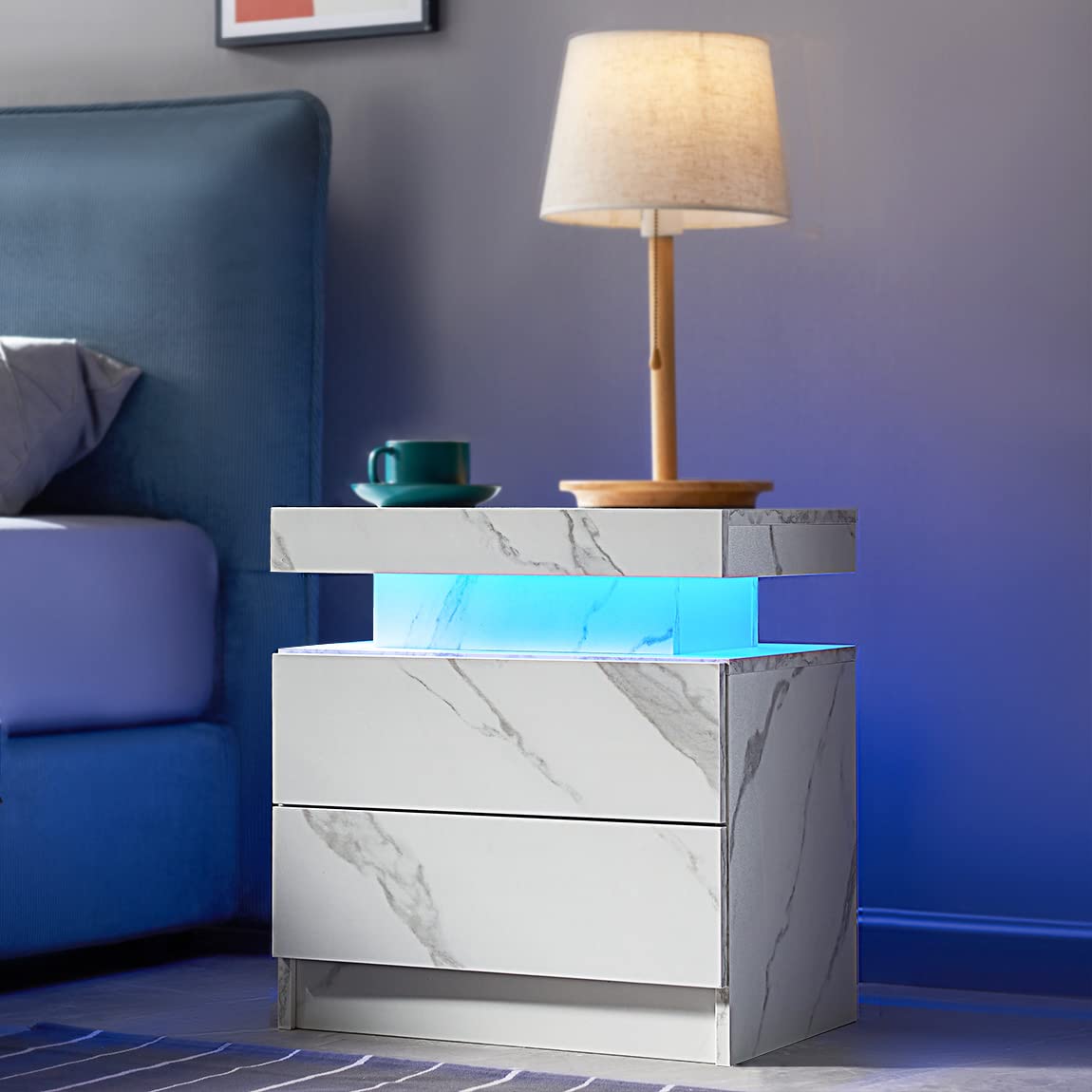 Modern LED Nightstand with 2 Drawers - White Marble Wooden Bedside Table with Touch Control Lights for Bedroom - Stylish End Table/Side Table for Living Room & Bedroom - Perfect for Reading, Charging Devices & Bedroom Decor
