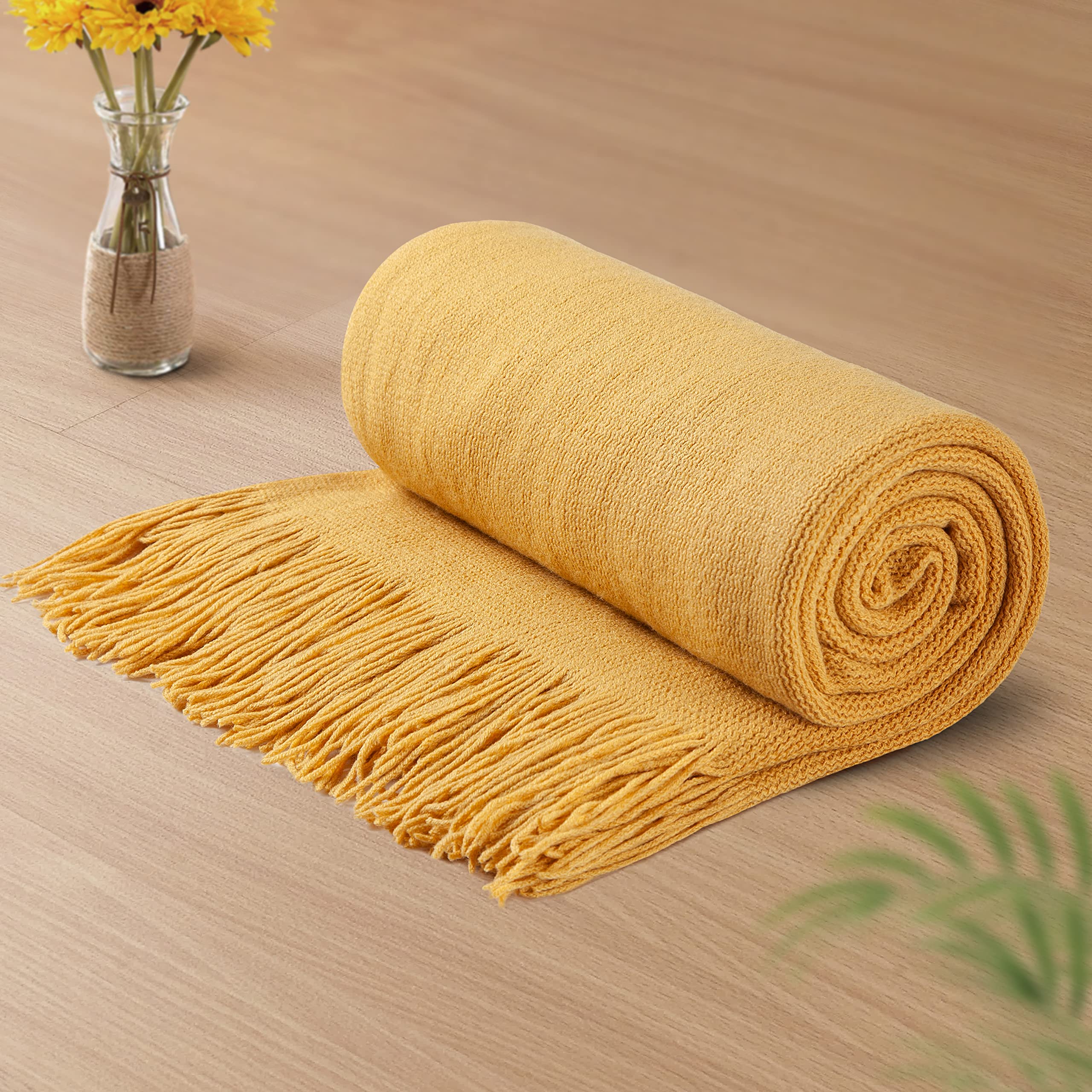 Vonty Mustard Yellow Knitted Blanket with Tassels Fringe - 50x60 Inch Super Soft Knit Throw Blanket - Farmhouse Decorative Lightweight Blanket for Couch, Sofa, Bed - Perfect for Cozy Evenings, Home Decor & Gift Giving