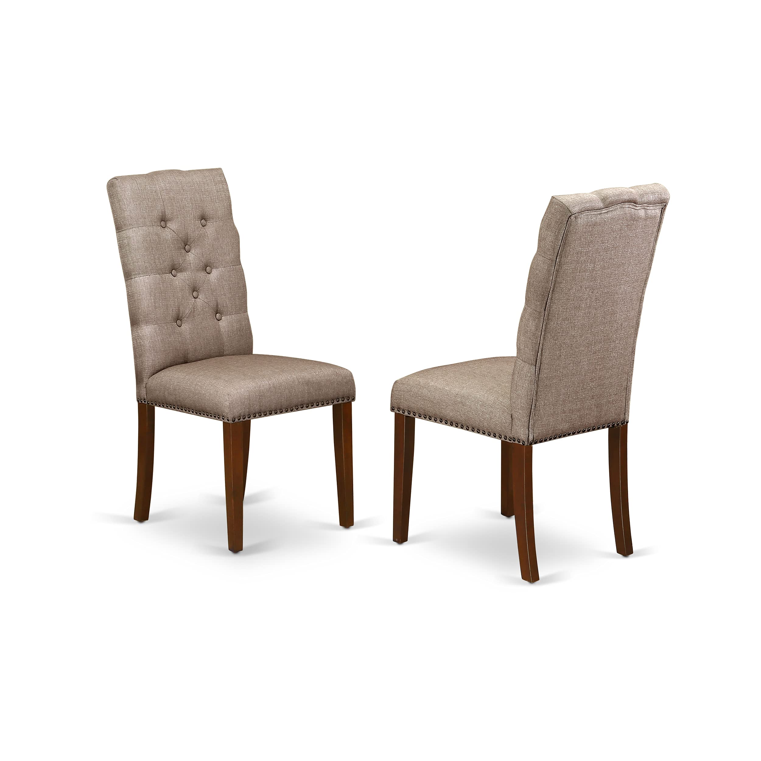 East West Furniture ESEL3-MAH-16 3-Piece Small Space Dining Set - Round Pedestal Table & 2 Dark Khaki Linen Chairs, 30x30 Inch, Mahogany - Perfect for Apartments, Breakfast Nooks & Cozy Kitchens