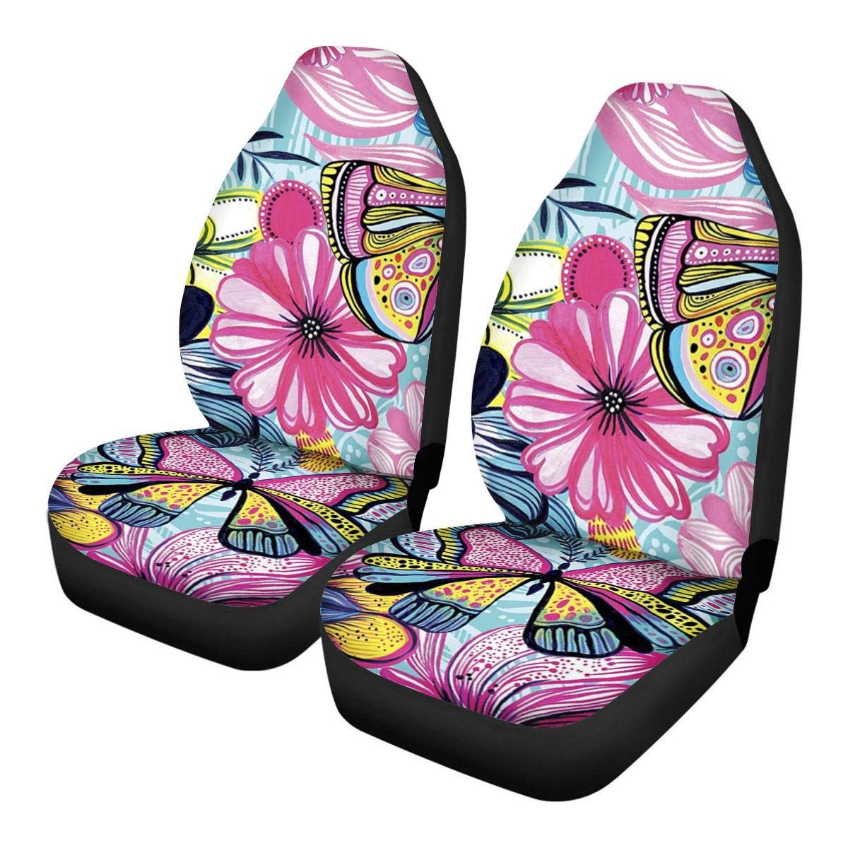 FUSURIRE 2-Piece Elastic Car Seat Covers - Butterfly Floral Print Backseat Protector Cushion | Universal Fit for Most Cars, SUVs, Vans & Trucks | Waterproof & Anti-Slip Front Seat Protectors for Comfort & Style | Perfect for Road Trips, Daily Commute & Family Travel