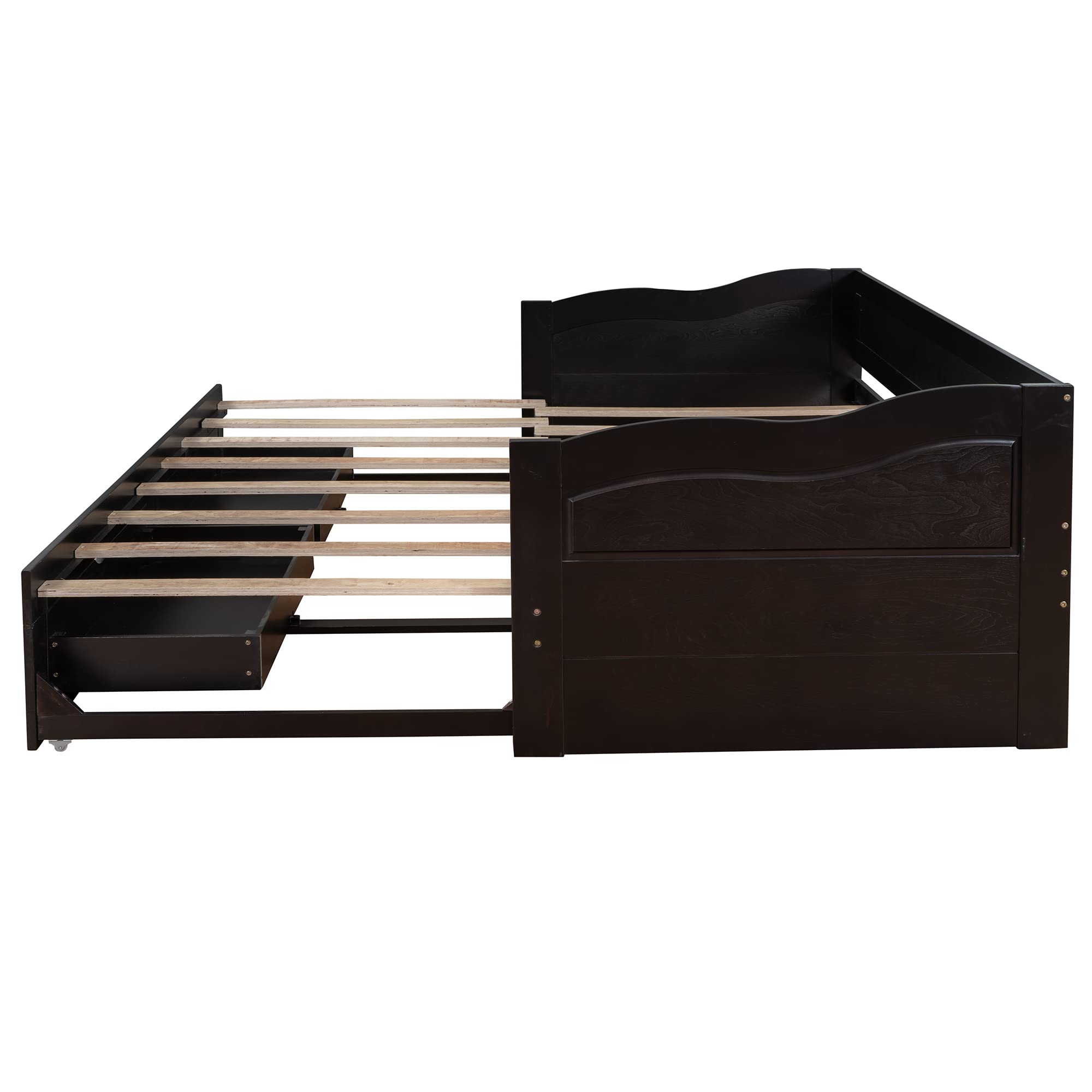 Extendable Twin Daybed with Trundle and Storage Drawers - Wooden Sofa Bed Frame, No Box Spring Required, Espresso Finish - Perfect for Guest Rooms, Small Spaces & Multi-Functional Living Areas