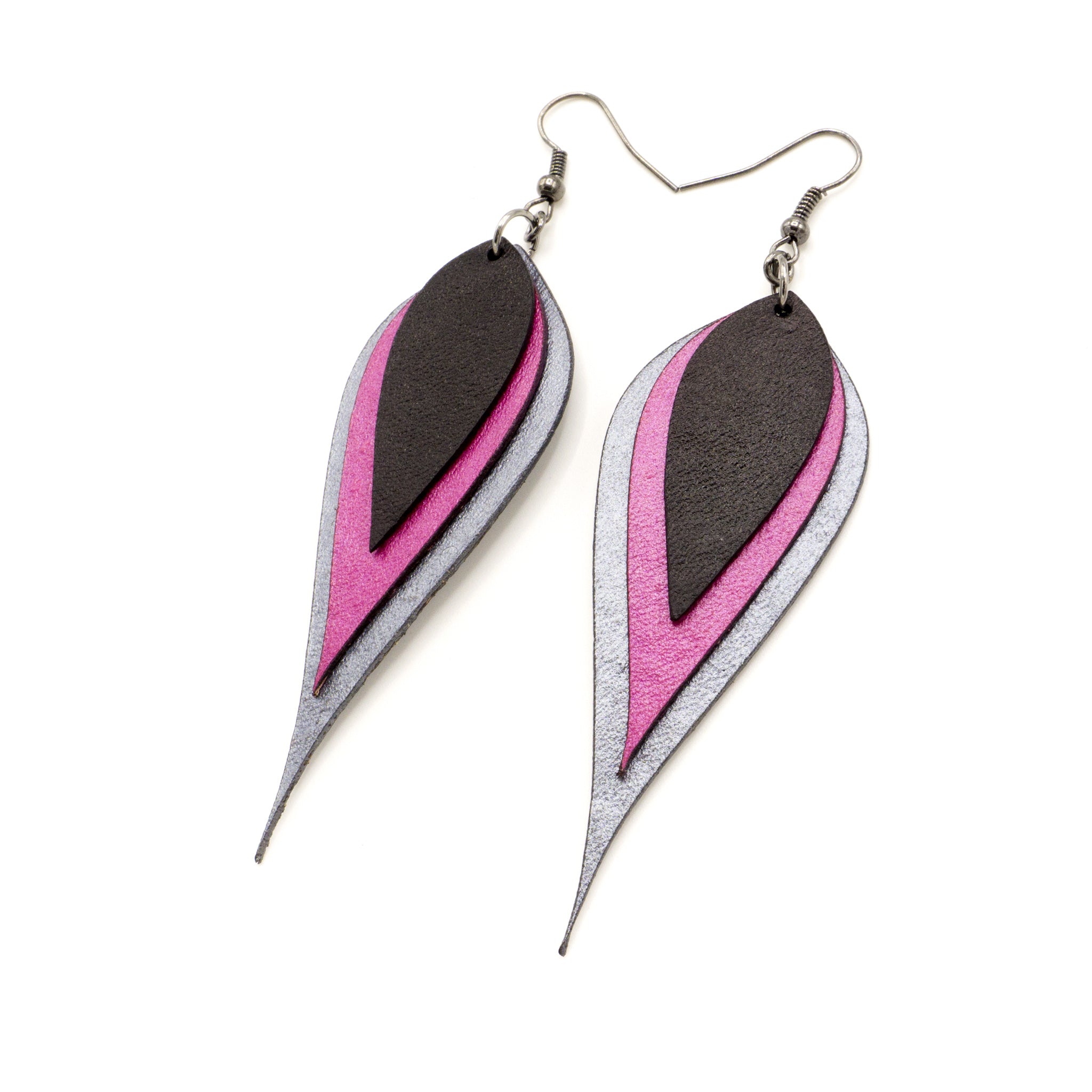 Airos Leather Earrings for Women - Silver Studs with Fuchsia Pearl & Black Leather | Boho Chic Jewelry for Casual Wear, Parties & Special Occasions