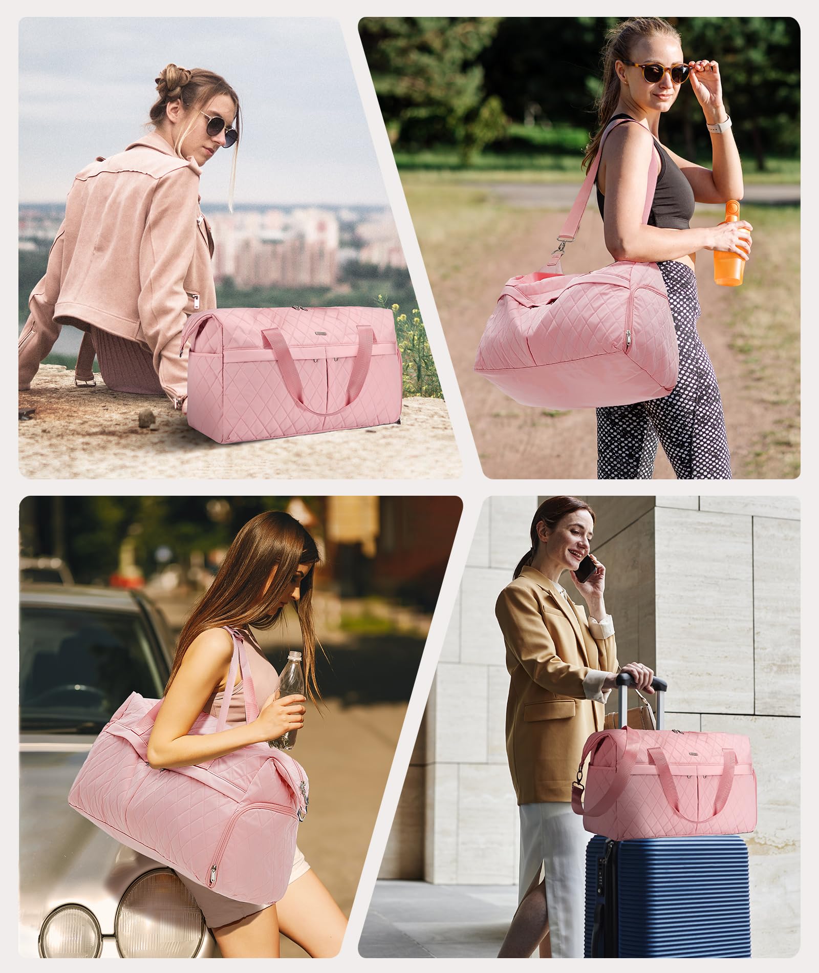 Marvolia Women's Quilted Duffle Bag - Large Travel Weekender Overnight Bag with Shoe Compartment & Toiletry Pouch - Pink Carry-On for Business Trips, Gym, Sports & Weekend Getaways