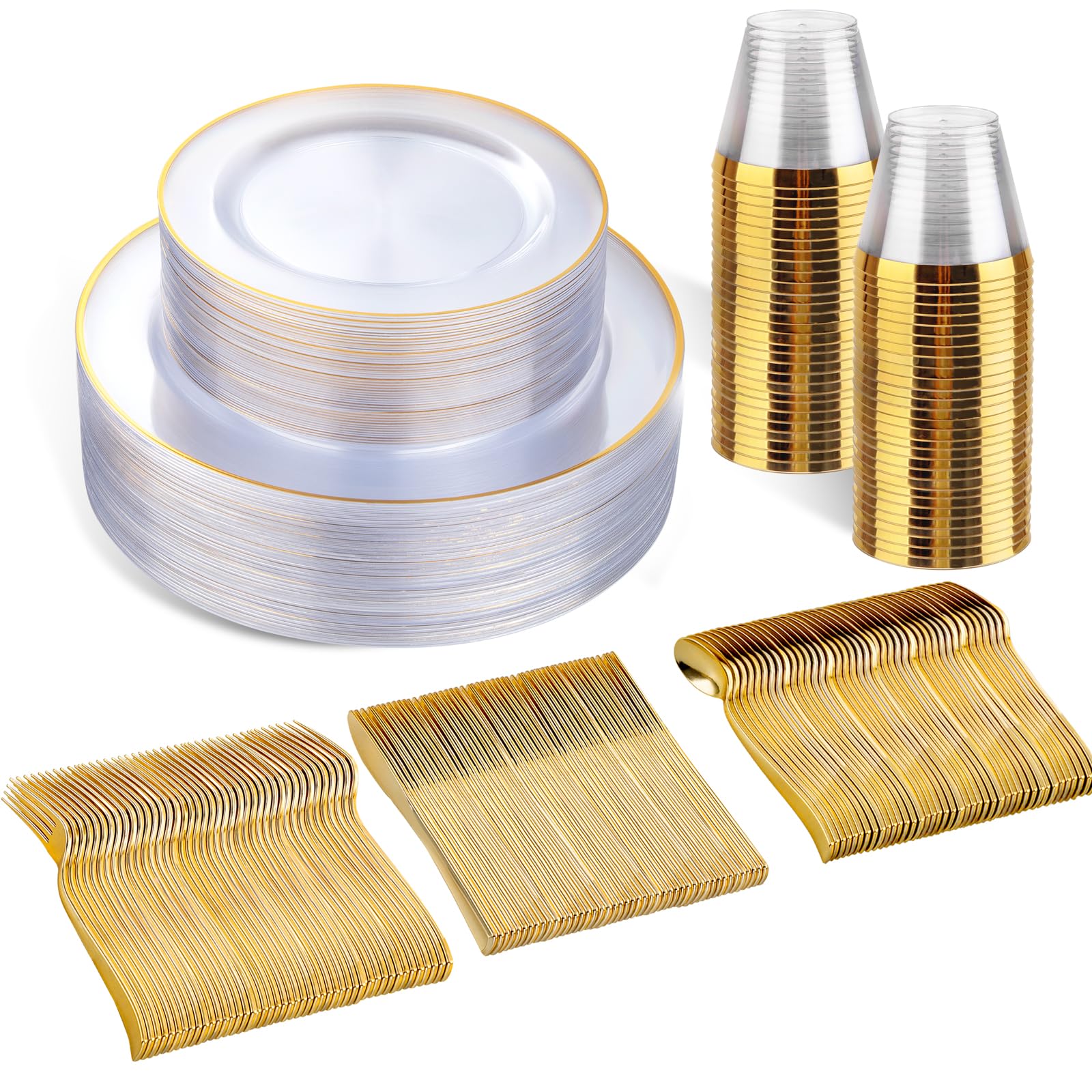 150-Piece Gold Plastic Dinnerware Set - 25 Dinner Plates, 25 Dessert Plates, 25 Cutlery & 25 Cups - Elegant Disposable Gold Party Plates for Weddings, Showers & Special Events - Perfect for Outdoor Gatherings, Birthday Parties & Holiday Celebrations