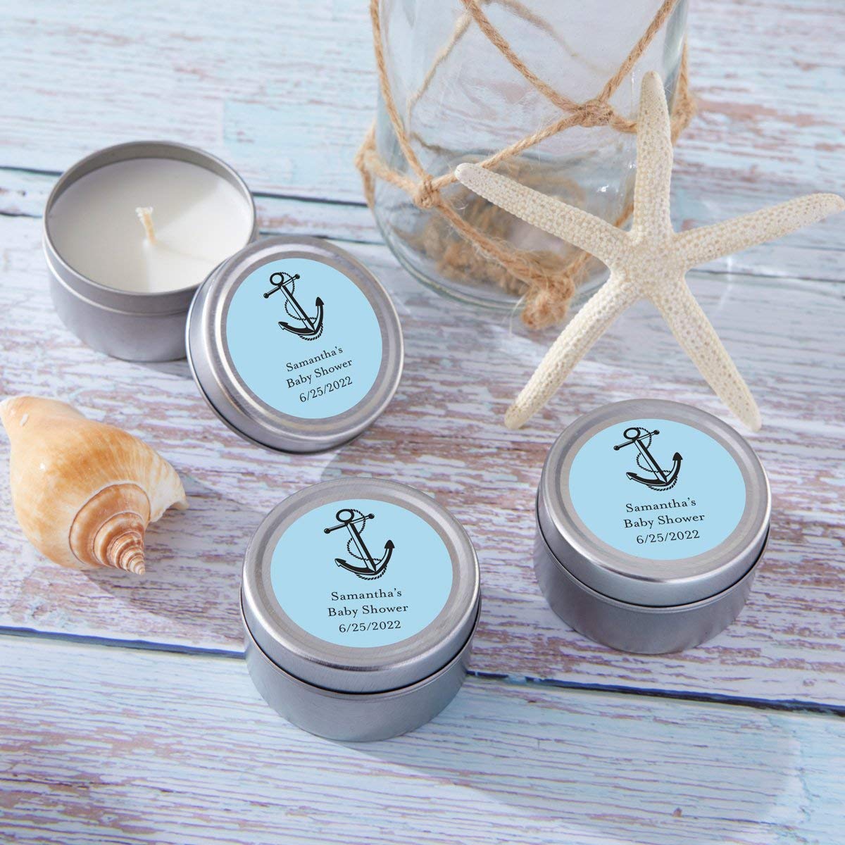 Kate Aspen Personalized Travel Candle Tin - 72PCS Custom Baby Shower Favors with Round Sticker Design - Perfect for Baby Showers, Bridal Showers & Wedding Decor Gifts