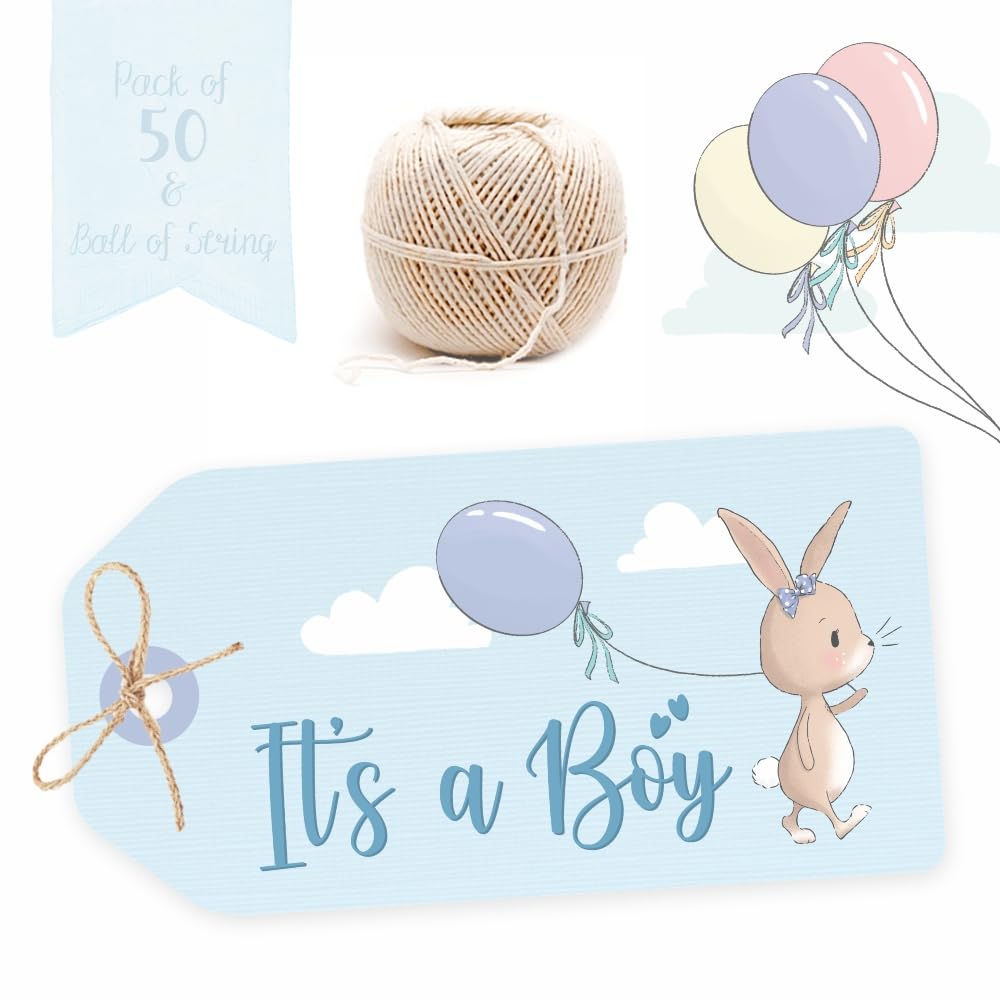 50 Blue Bunny & Balloon Baby Shower Gift Tags with Jute String - Perfect for Baby Boy Birth Ceremony, Party Favors & Cake Box Decorations