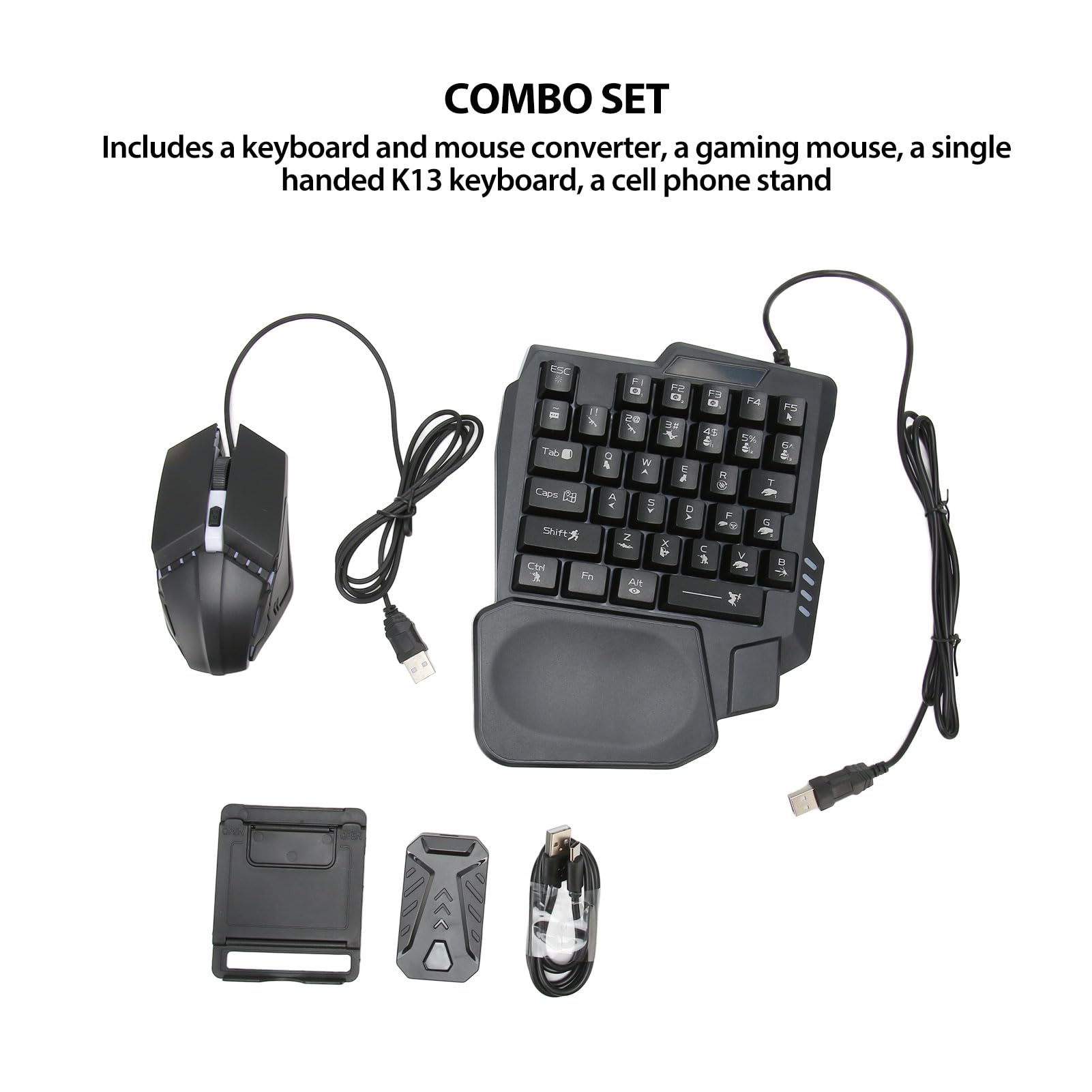 Half-Hand Gaming Keyboard and Mouse Combo - RGB LED Backlit Mechanical Wired Keyboard for PUBG, 4-in-1 Gaming Mouse Converter for Android & iOS - Perfect for FPS, MOBA Games and Professional Esports