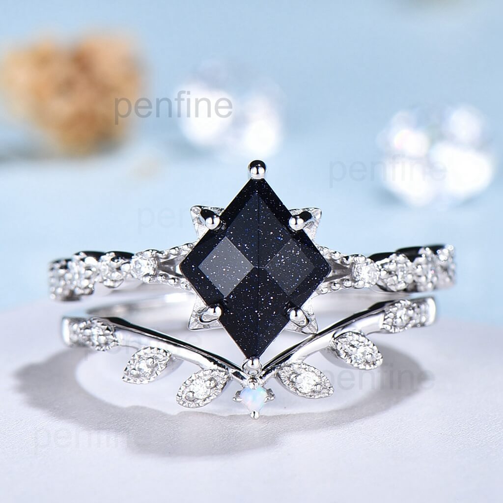 Blue Sandstone Engagement Ring Set for Women - Geometric White Gold Bridal Jewelry with Vintage Opal & Diamond Accents - Art Deco Wedding Ring & Promise Gift - Perfect for Proposals, Anniversaries & Special Occasions