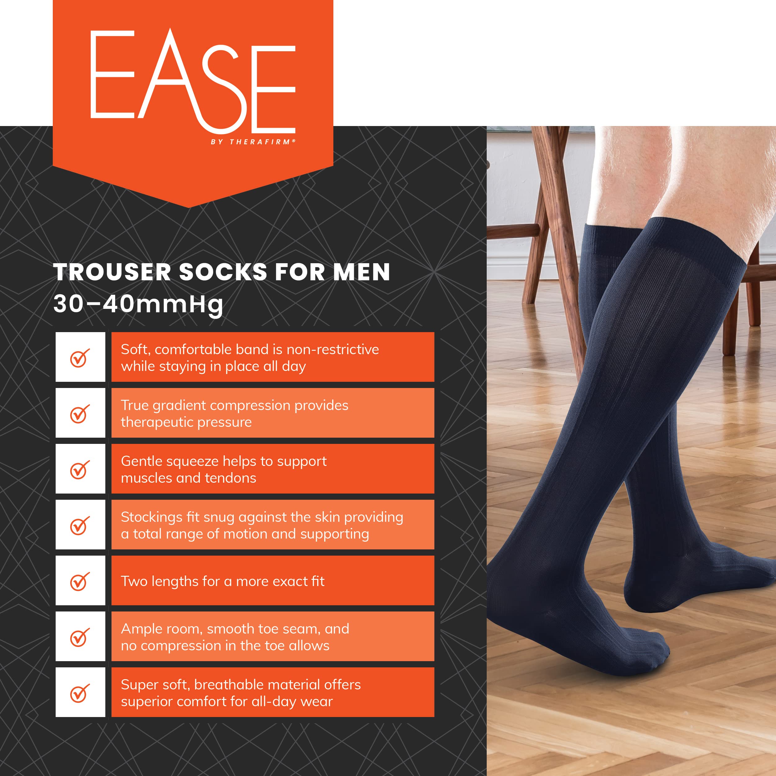 Ease Opaque Men's Compression Socks 30-40mmHg - Firm Support for Circulation & Comfort - Ideal for Work, Travel & Sports