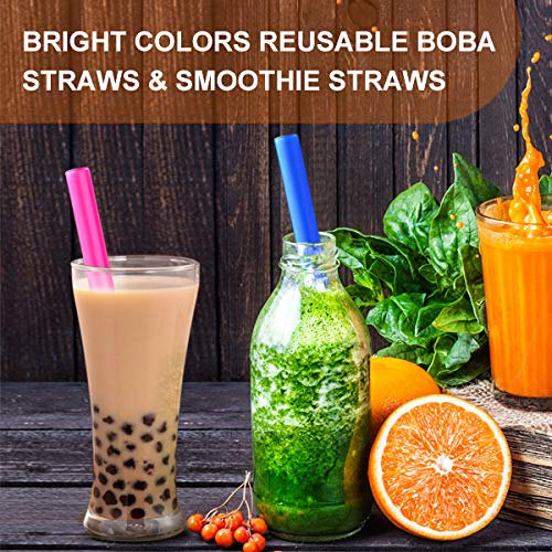 12 Pack Reusable Jumbo Angled Straws for Smoothies & Drinks - BPA Free Food Grade Plastic with Storage Bag & Cleaning Brushes - Perfect for Home, Office, Parties & Travel
