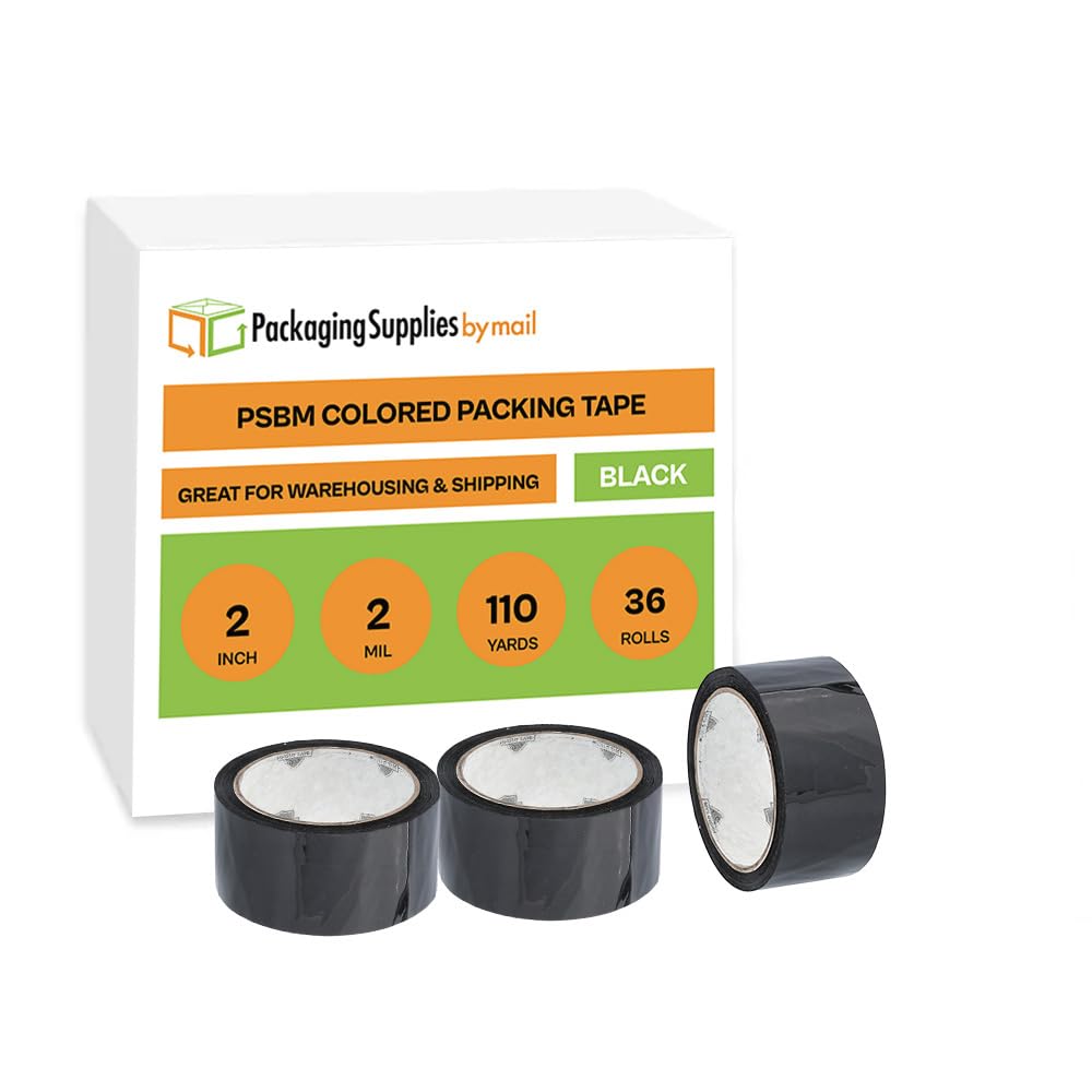 PSBM Black Packing Tape 2 Inch x 110 Yards - 36 Pack Heavy Duty Colored Packaging Tape for Dispenser Refill | Moving, Storage & Shipping Supplies | Perfect for Home, Office & Warehouse Use