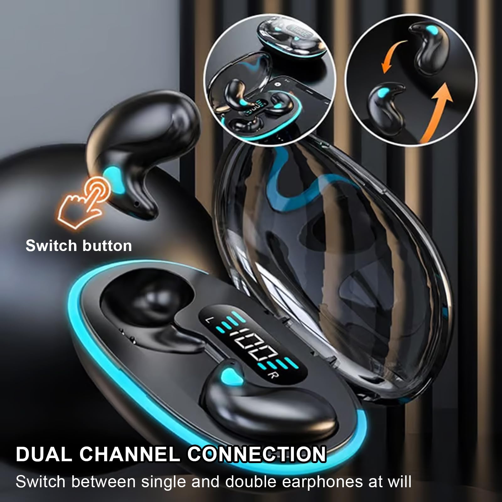 Wireless Bone Conduction Sleep Headphones Bluetooth 5.3 with Noise Cancellation, Invisible In-Ear Earbuds for Sports & Running, IPX5 Waterproof with LED Digital Display Charging Case (Black) - Perfect for Sleeping, Gym Workouts and Nighttime Jogging