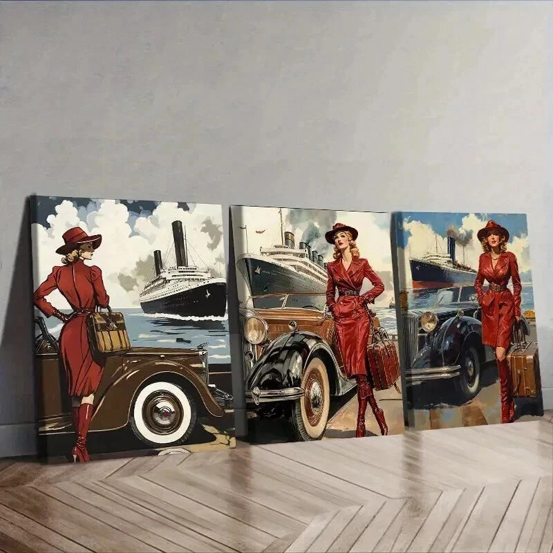 3-Piece Retro Modern Girl Wall Art Set - Framed Canvas 50x70cm (20x28in) - High Quality Print - 100% Australian Made - Ready to Hang - Perfect for Living Room, Bedroom & Office Decor