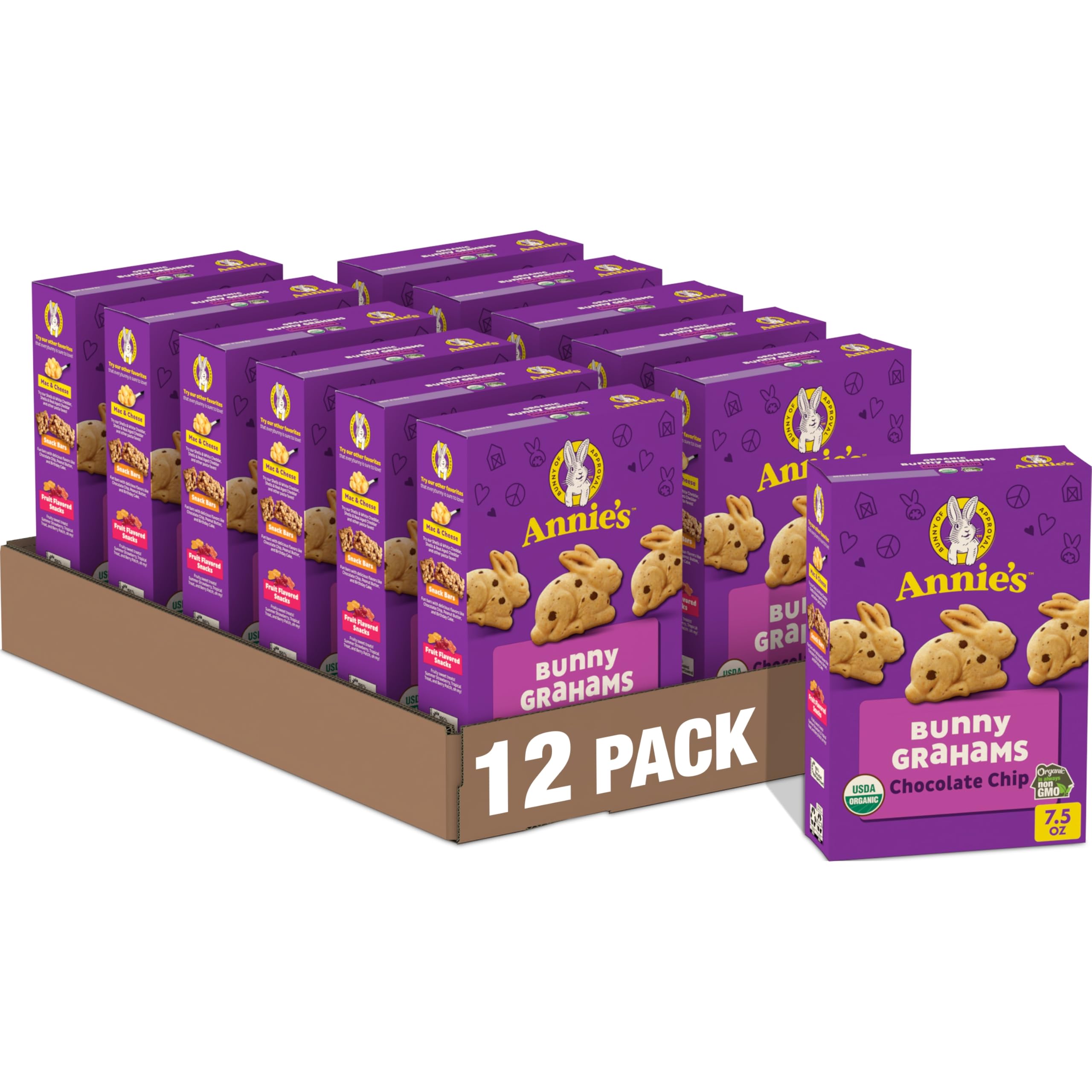 Annie's Organic Bunny Grahams Chocolate Chip Snacks - 7.5 oz (Pack of 12) | Healthy Kids Snacks, School Lunch Box Treats & After-School Snack for Toddlers