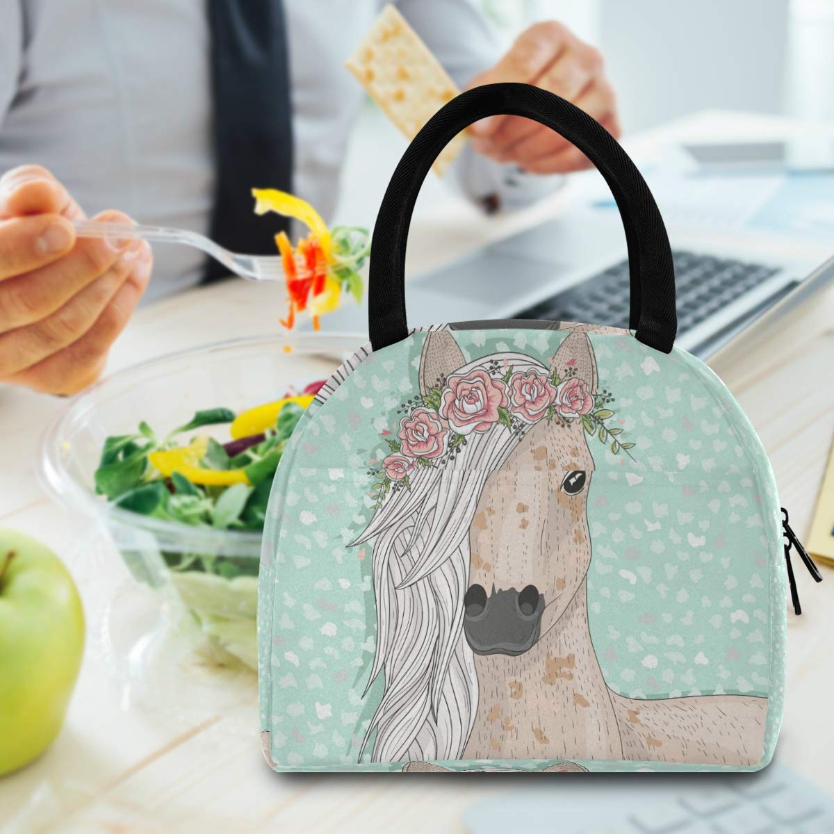 Insulated Lunch Bag for Women - Flower Horse Design Cooler Tote Bag for Work, School & Picnics | Leakproof & Thermal Insulation Lunch Box for Office, Travel & Outdoor Activities