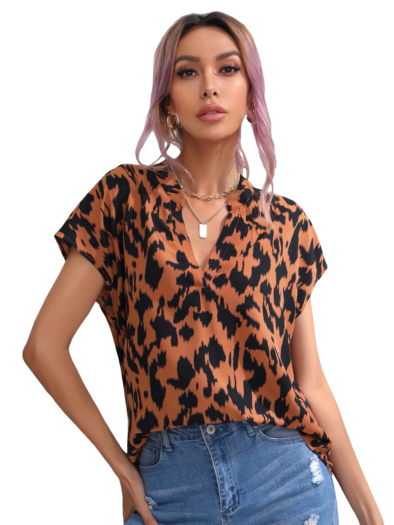 Milumia Women's Casual Geo Print Blouse - Notched Neck Dolman Sleeve Comfortable Work Top for Office, Business Meetings & Everyday Wear