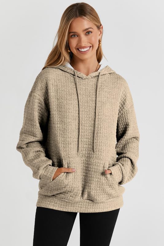 SHEWIN Women's Casual Long Sleeve Waffle Pullover Hoodie with Drawstring & Pocket - Loose Fit Hooded Sweatshirt for Everyday Wear, Lounge & Outdoor Activities