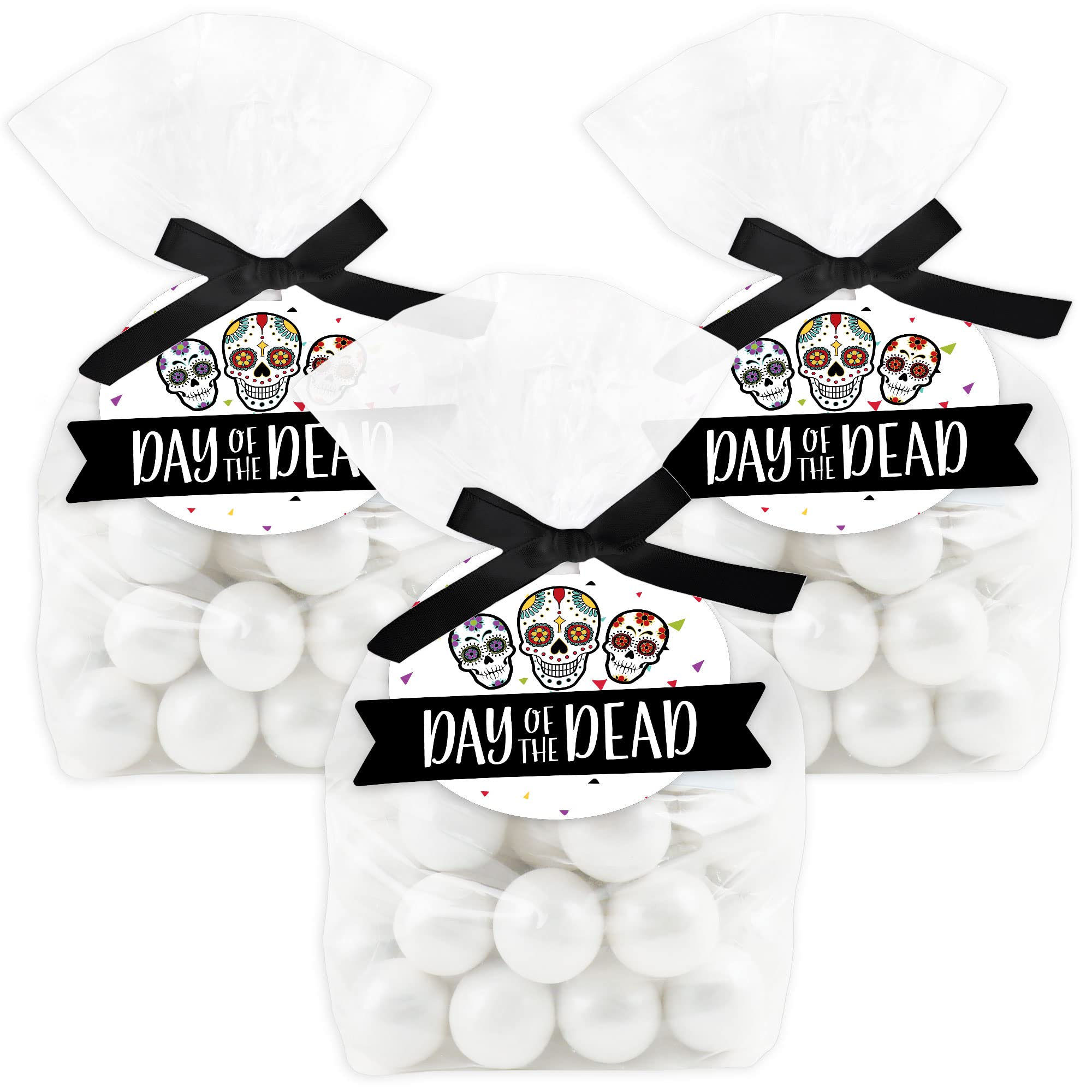 Day of the Dead Sugar Skull Party Favor Bags - Set of 12 Clear Treat Bags with Tags for Halloween, Dia de los Muertos Celebrations & Themed Events - Perfect for Candy, Small Gifts & Party Favors