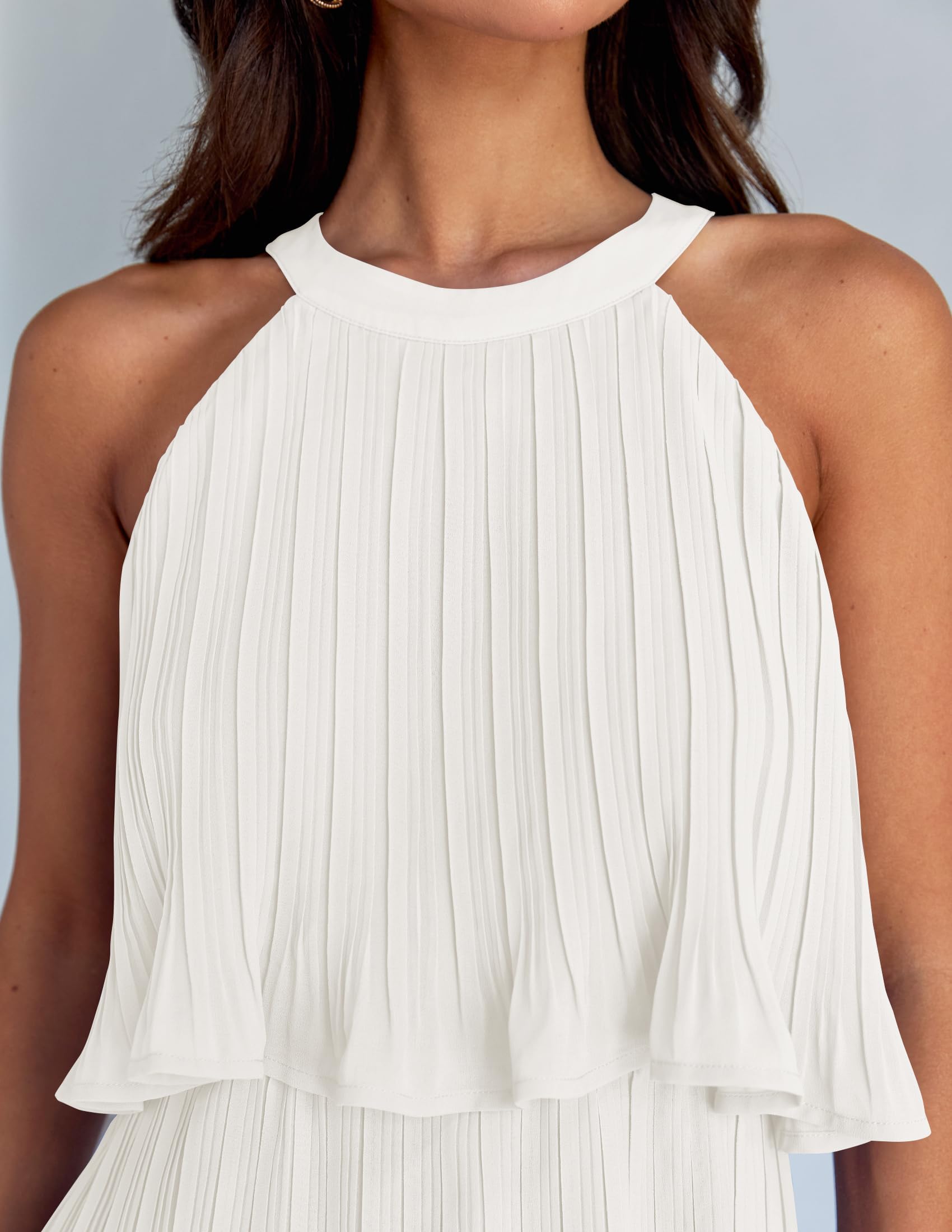 ZESICA Women's Summer Halter Dress 2025 - Sleeveless Ruffle Tiered Chiffon Mini Dress with Pleated A-Line Swing Skirt | Perfect for Beach Vacations, Date Nights & Summer Parties