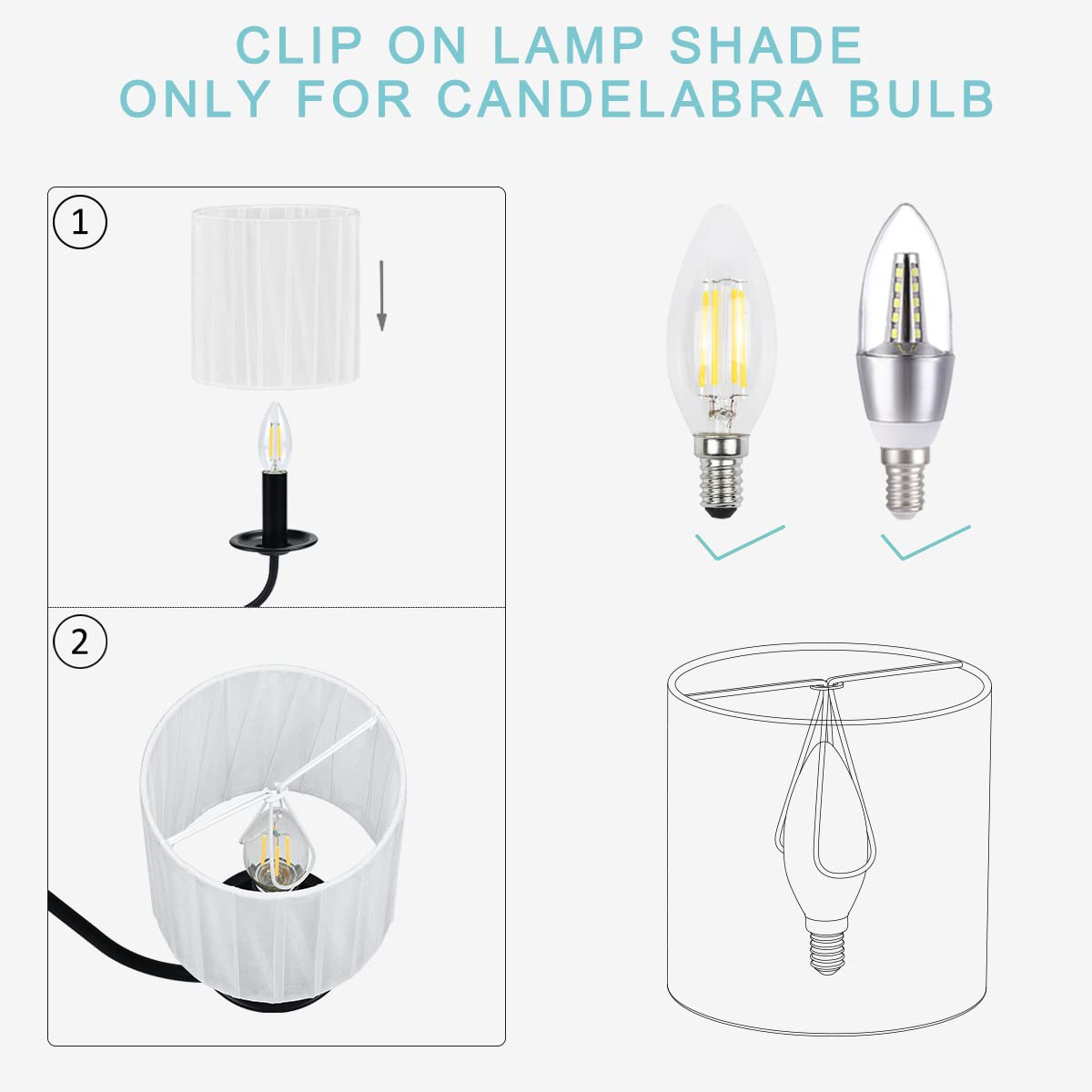 LAMPWELL LYON Clip-on Chandelier Lamp Shades - Set of 6 Small Drum Organza Fabric Shades 5.2