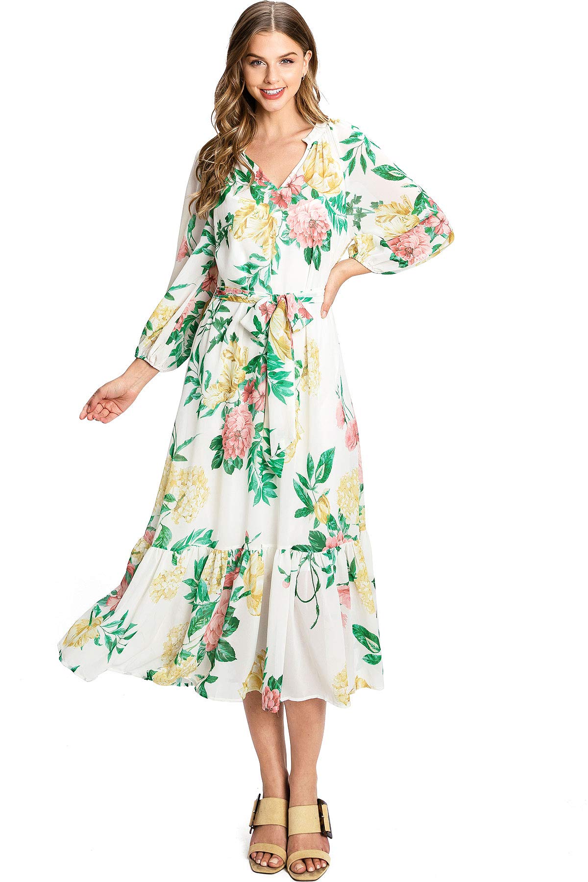 Flying Tomato Women's Paisley Floral Print Elegant Chiffon Midi Dress for Summer Wedding, Garden Party & Cocktail Events - Plus Size Boho Chic Outfit