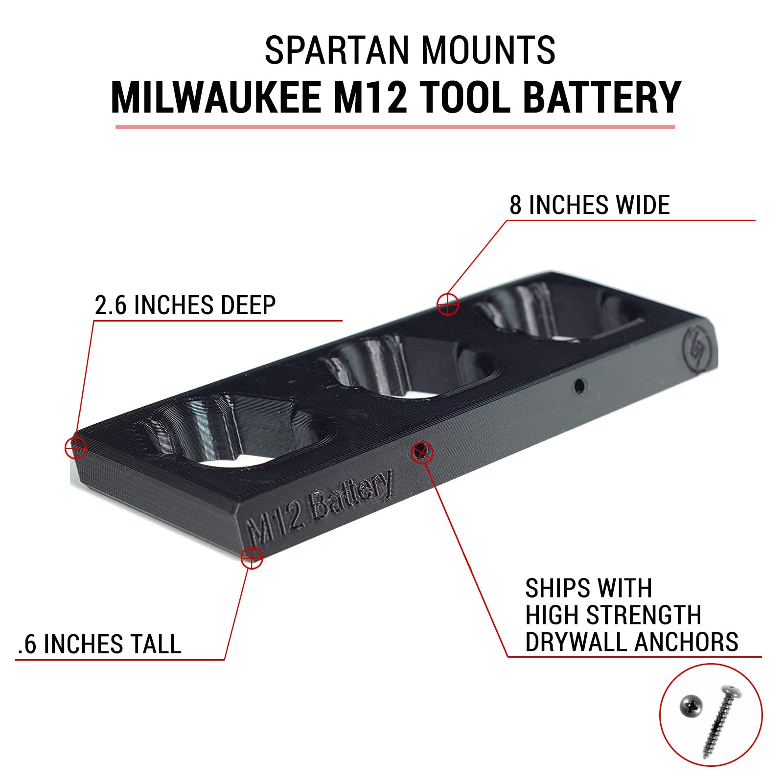 Milwaukee M12 Battery Wall Mount - 3 Slot Organizer for Power Tool Batteries | Garage Storage Solution for M12 Lithium-Ion Batteries | Perfect for Workshop, Garage & Toolbox Organization
