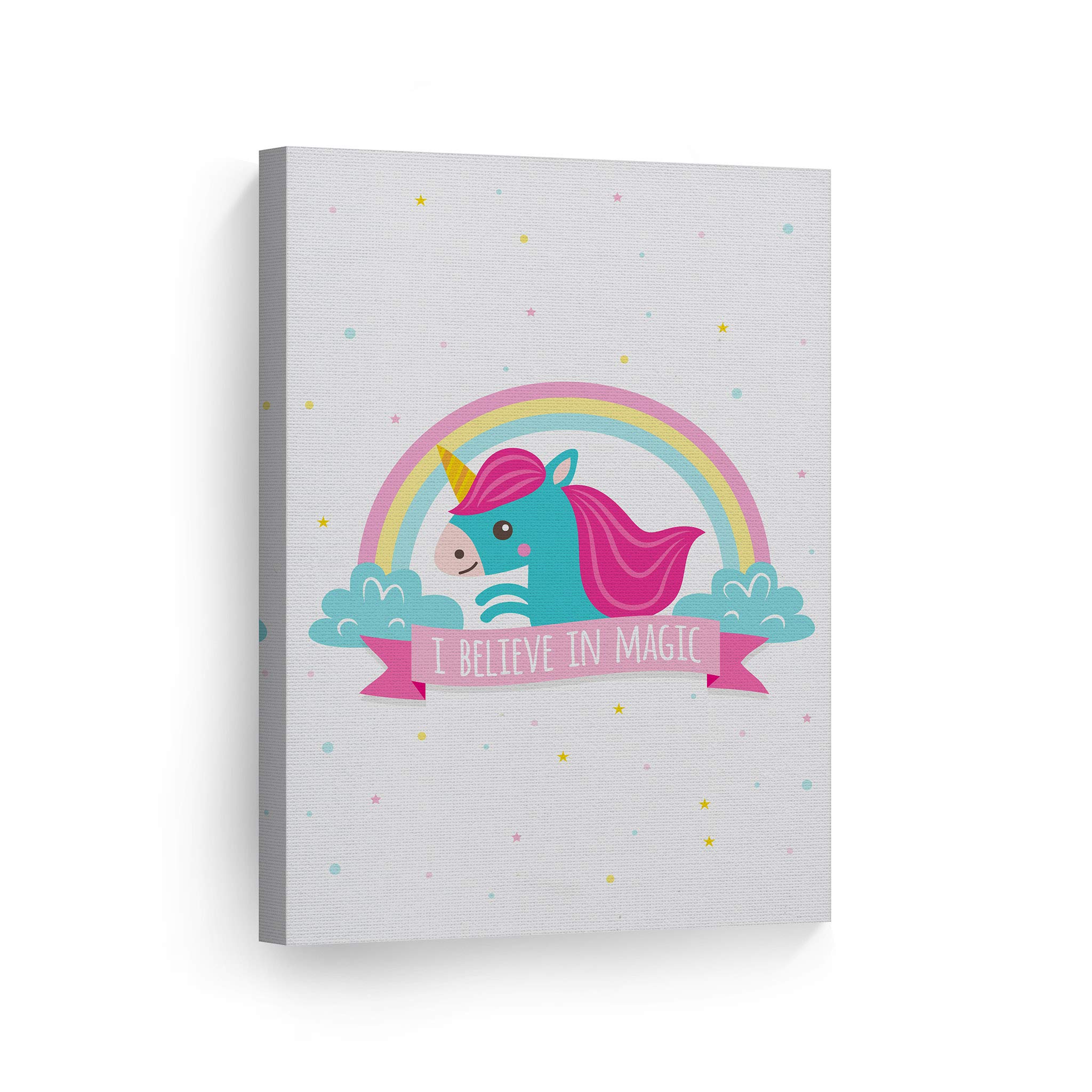 Smile Art Design 'I Believe in Magic' Unicorn Quote Canvas Wall Art - 12x8 Inch Ready to Hang Nursery Decor, Kids Room Decor, Baby Gift - Perfect for Bedroom, Playroom & Birthday Presents - Made in USA