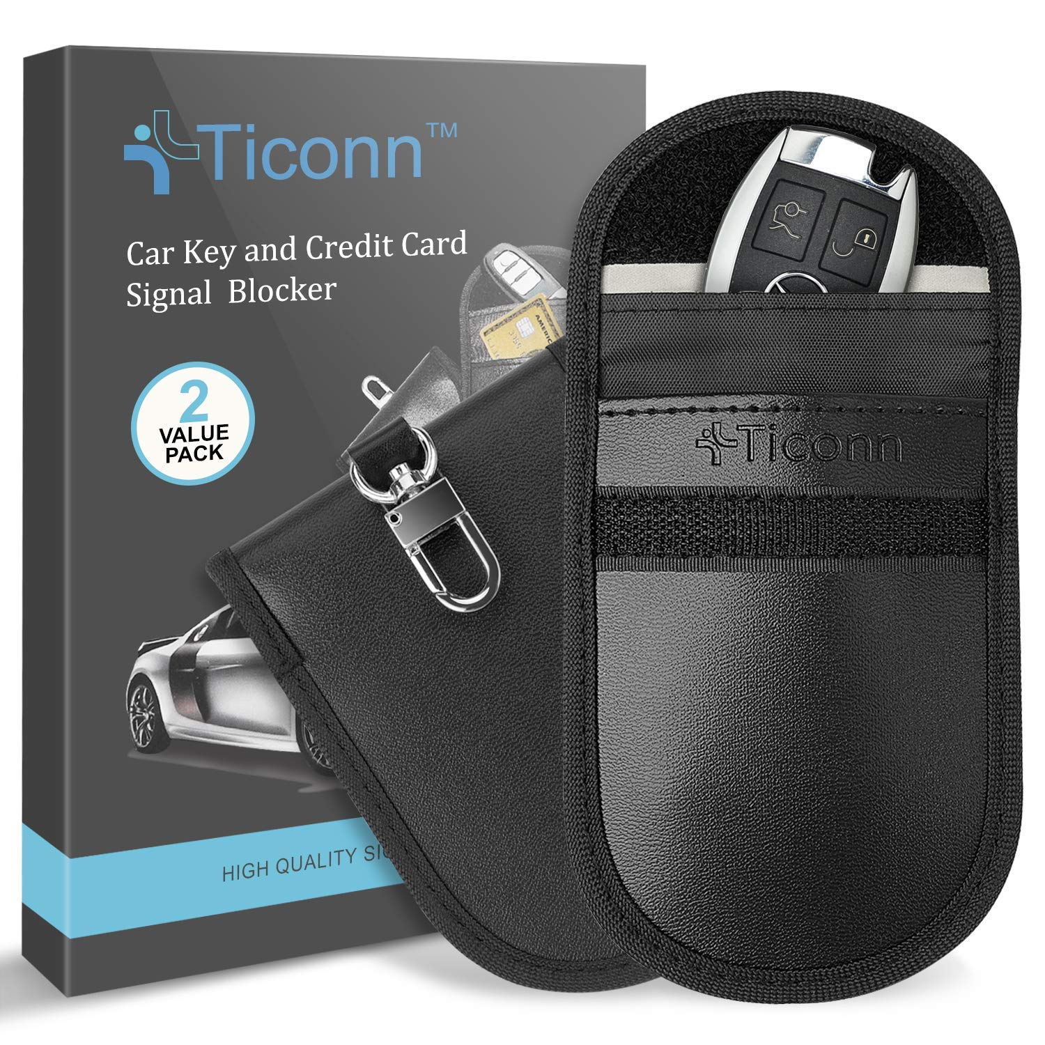 TICONN Faraday Bag for Key Fob (2 Pack) & Faraday Box - PU Leather RFID Signal Blocker for Cars | Anti-Theft Key Fob Protector | Anti-Hacking Case for Keyless Entry | Perfect for Travel, Parking & Home Security
