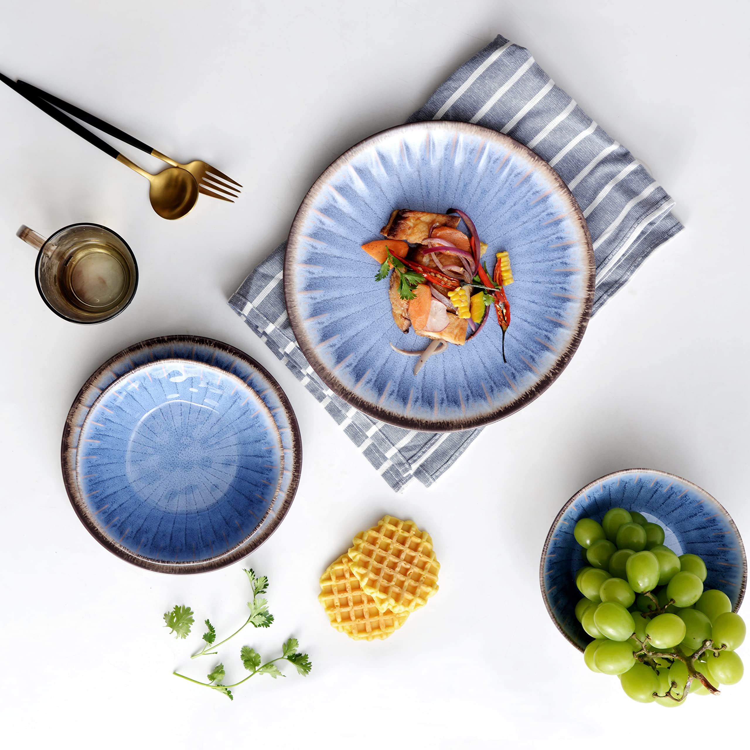 12-Piece Melamine Dinnerware Set - Unbreakable Plates & Bowls for Outdoor Dining, Camping, Picnics - BPA-Free, Dishwasher Safe (Classic Blue) - Perfect for Patio Parties, RV Trips & Backyard BBQs
