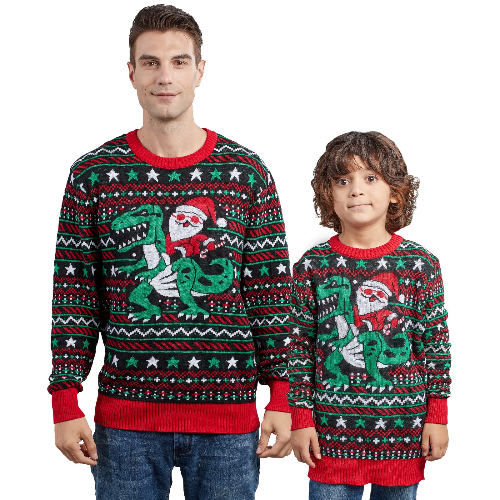 Dinosaur Christmas Sweaters - Family Matching Holiday Party Outfits for Festive Fun