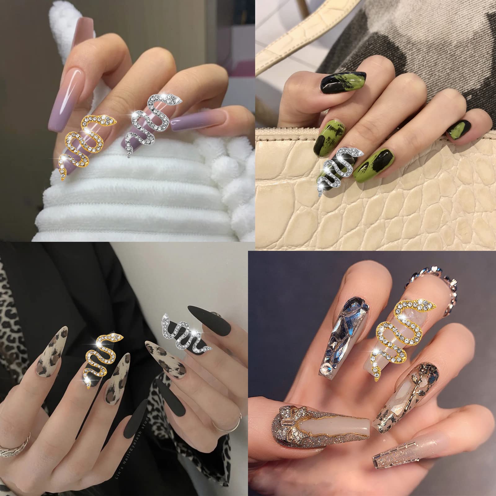 3D Retro Alloy Snake Nail Charms with Rhinestones - Gold & Silver Snake Wave Nail Studs, Crystal Diamonds for Acrylic Nails - DIY Nail Art Decorations for Halloween, Gothic Parties & Nail Salon Designs